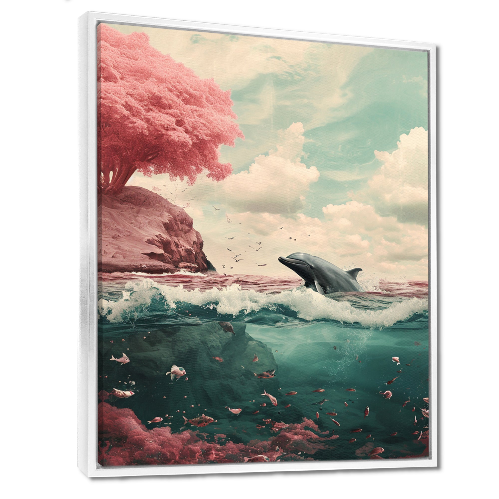 Dolphin In The Ocean By The Cherry Blossom Tree - Dolphin Framed Canvas Art