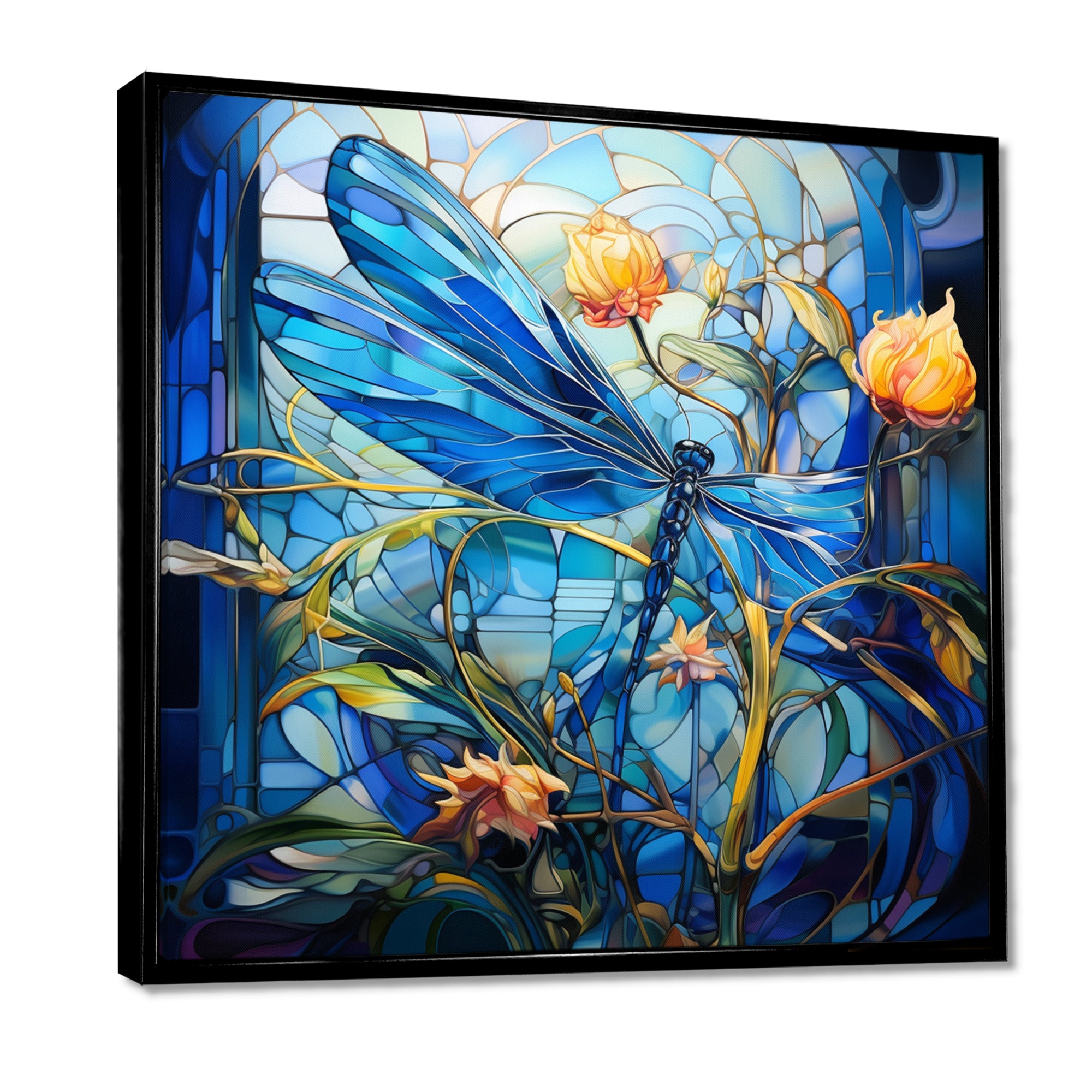 Blue Dragonfly Yellow Flowers - Dragonfly Bedroom Wall Art