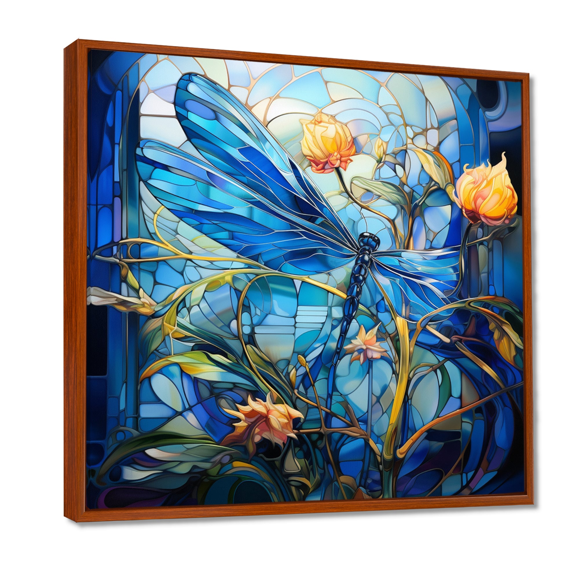 Blue Dragonfly Yellow Flowers - Dragonfly Bedroom Wall Art