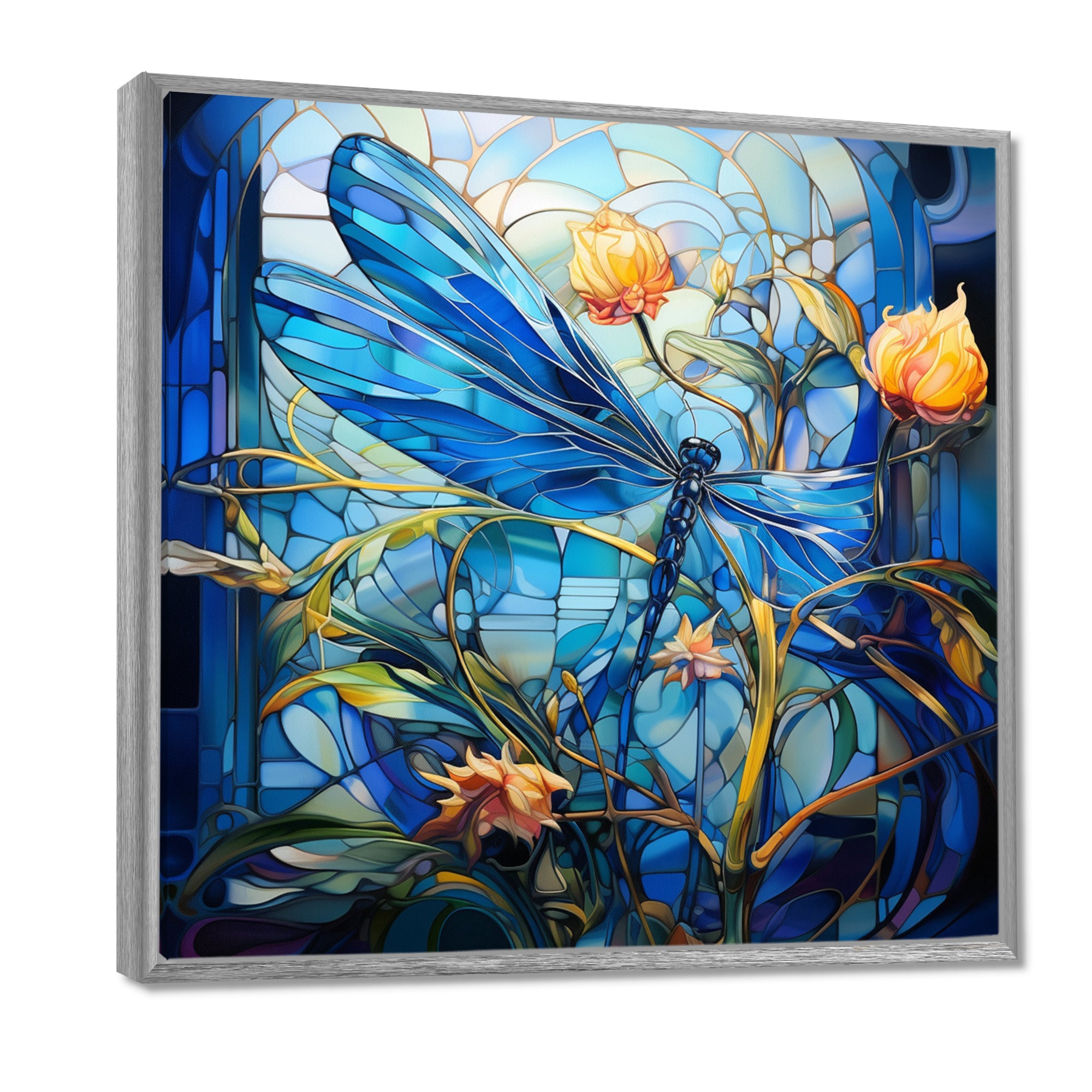 Blue Dragonfly Yellow Flowers - Dragonfly Bedroom Wall Art