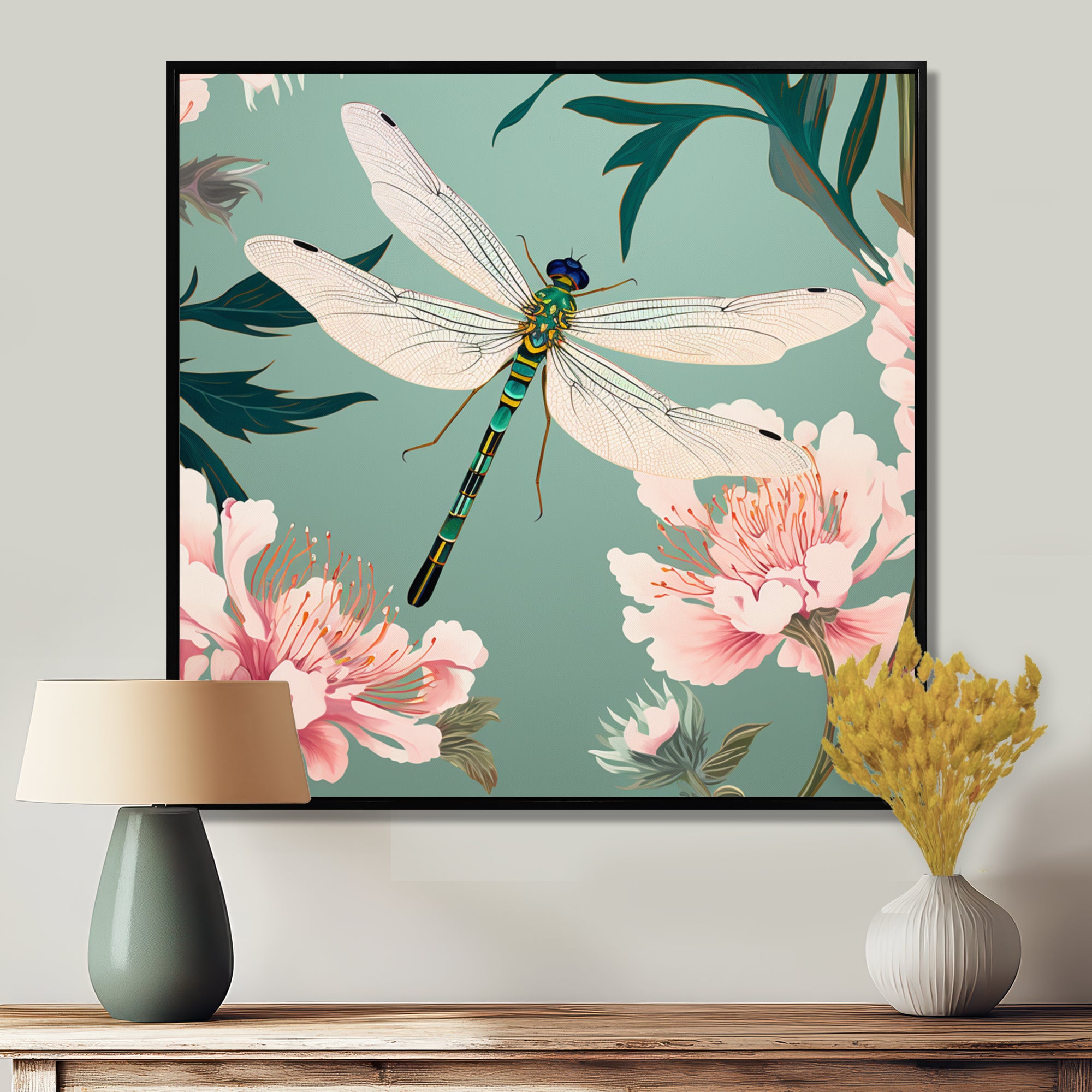 Retro Illustration Of Dragonfly Green Pink - Dragonfly Canvas Wall Art