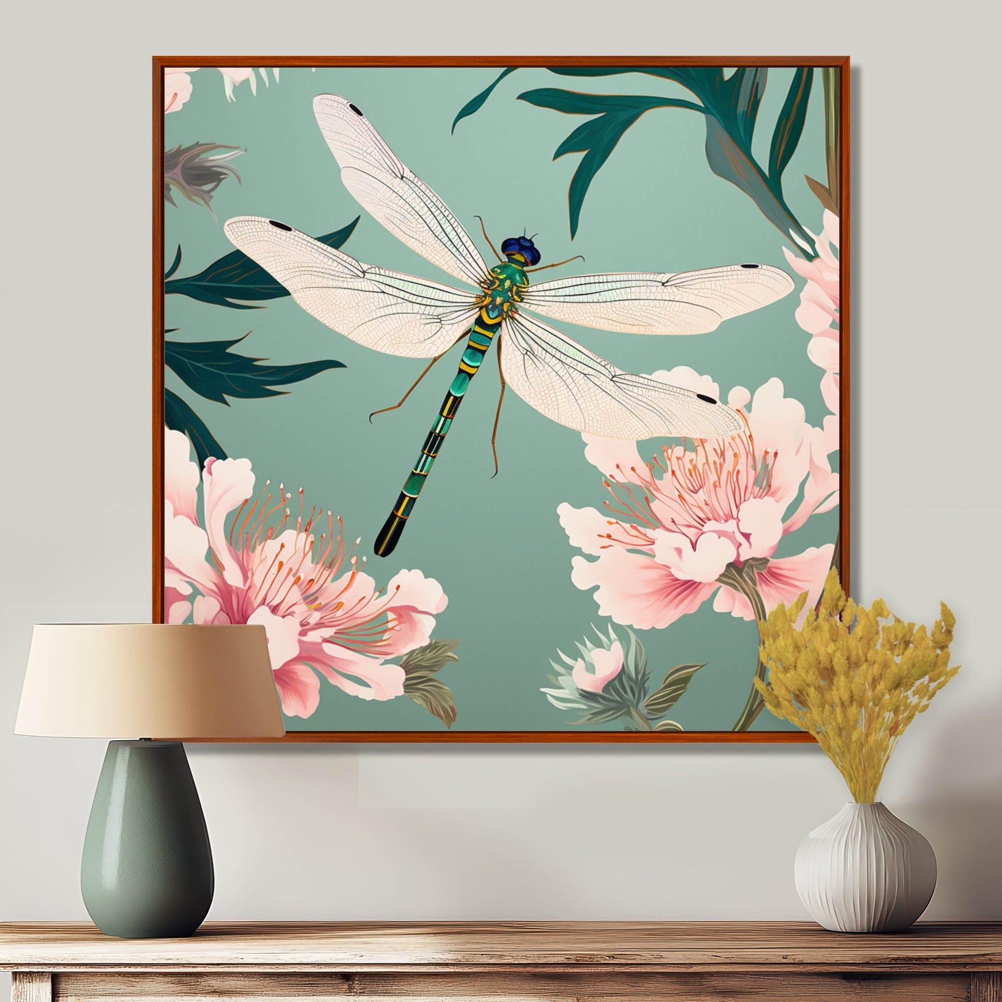 Retro Illustration Of Dragonfly Green Pink - Dragonfly Canvas Wall Art
