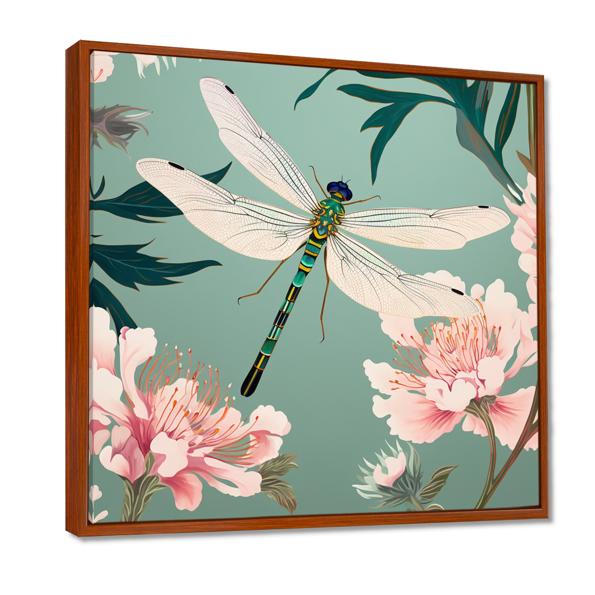 Retro Illustration Of Dragonfly Green Pink - Dragonfly Canvas Wall Art