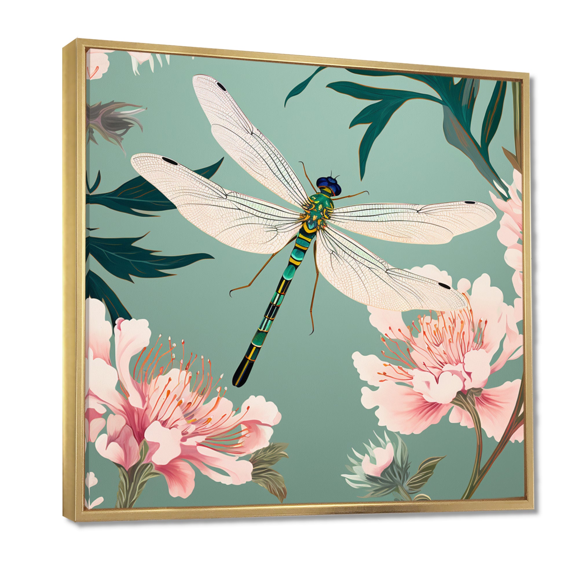 Retro Illustration Of Dragonfly Green Pink - Dragonfly Canvas Wall Art