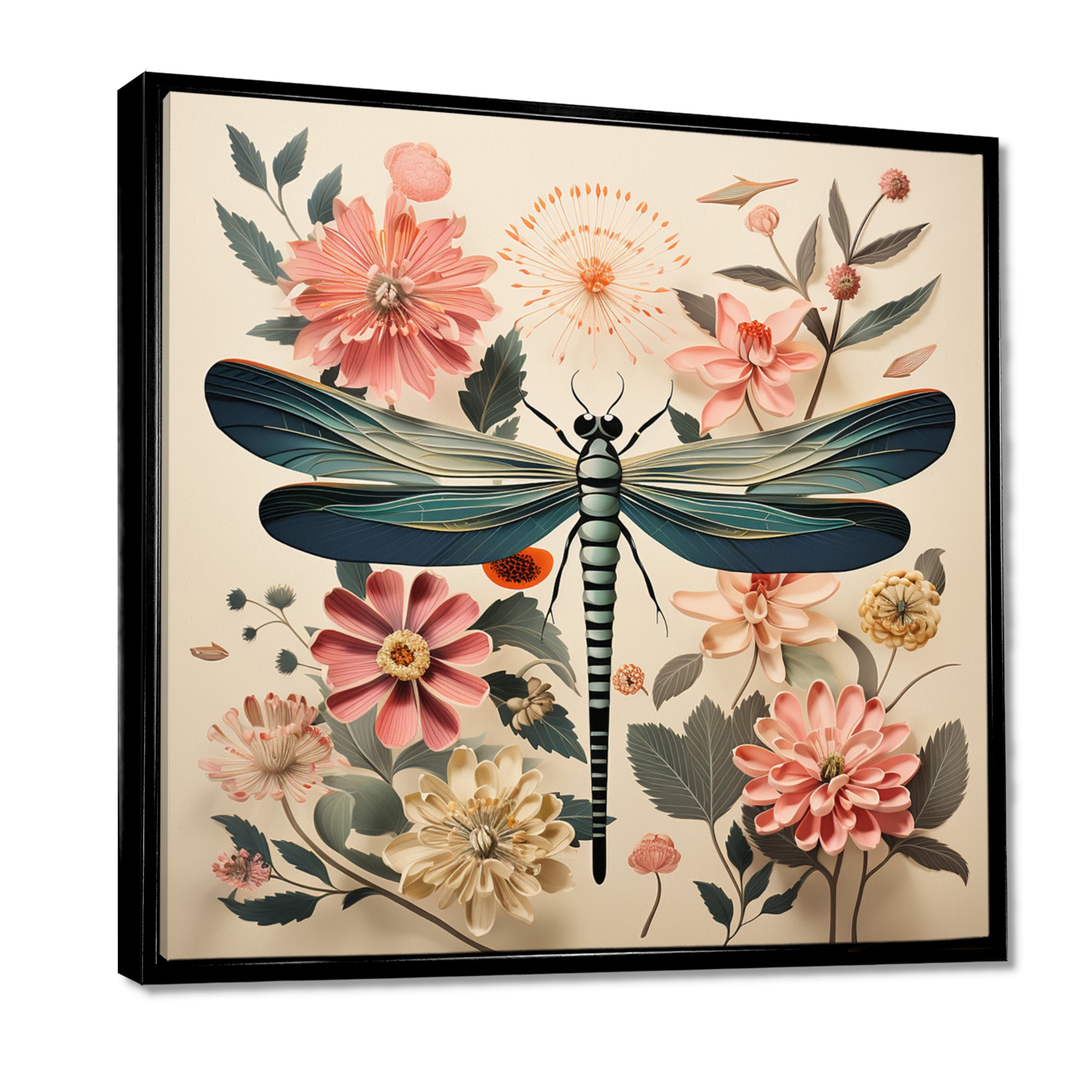 Vintage Illustration Of Dragonfly Green Pink - Dragonfly Canvas Wall Art
