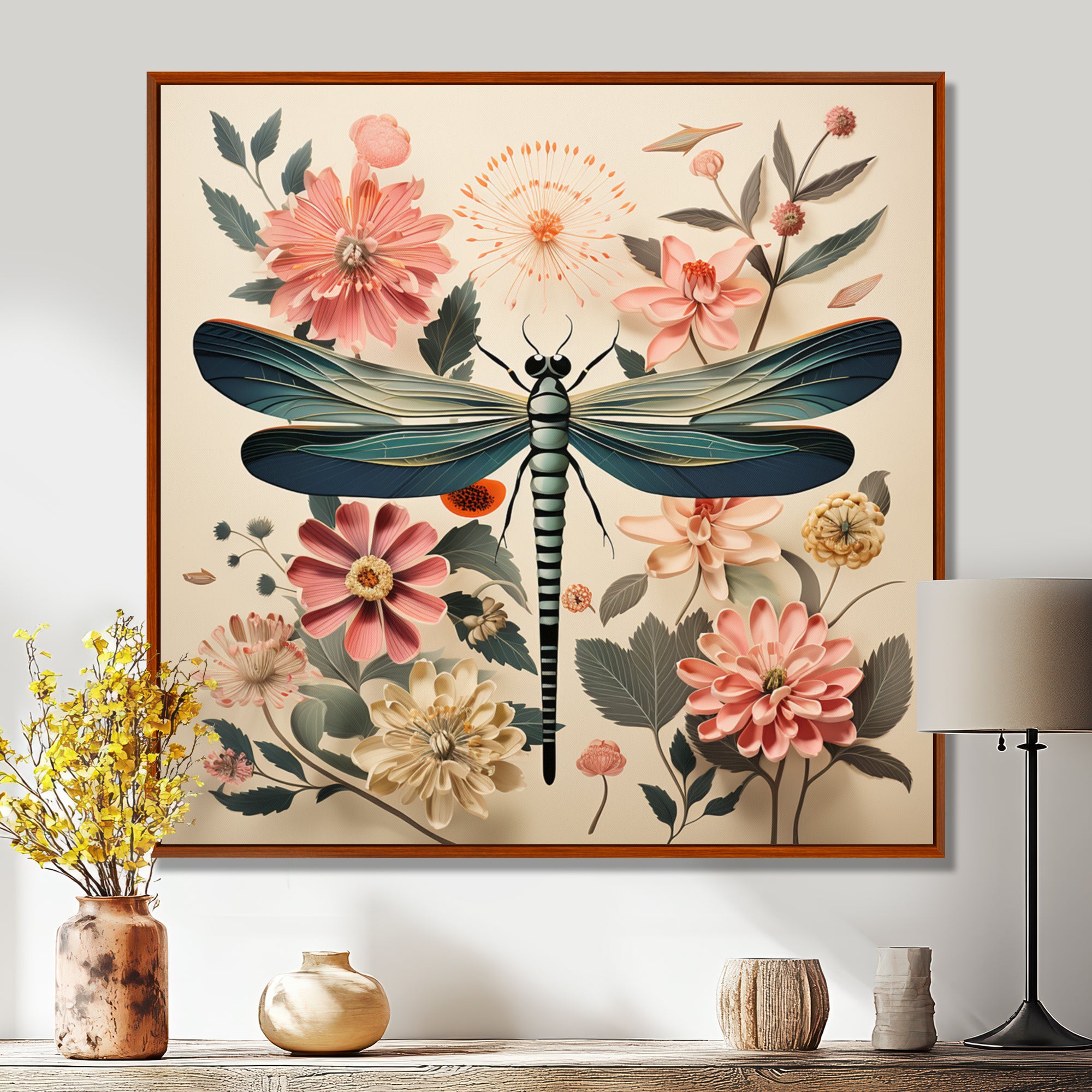 Vintage Illustration Of Dragonfly Green Pink - Dragonfly Canvas Wall Art