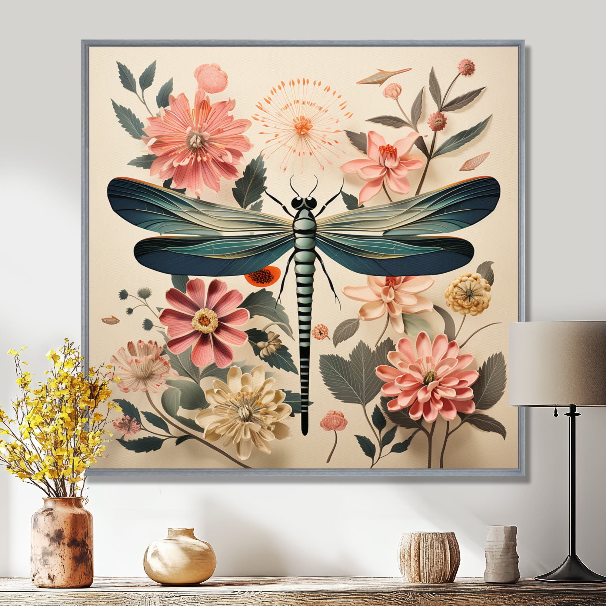 Vintage Illustration Of Dragonfly Green Pink - Dragonfly Canvas Wall Art