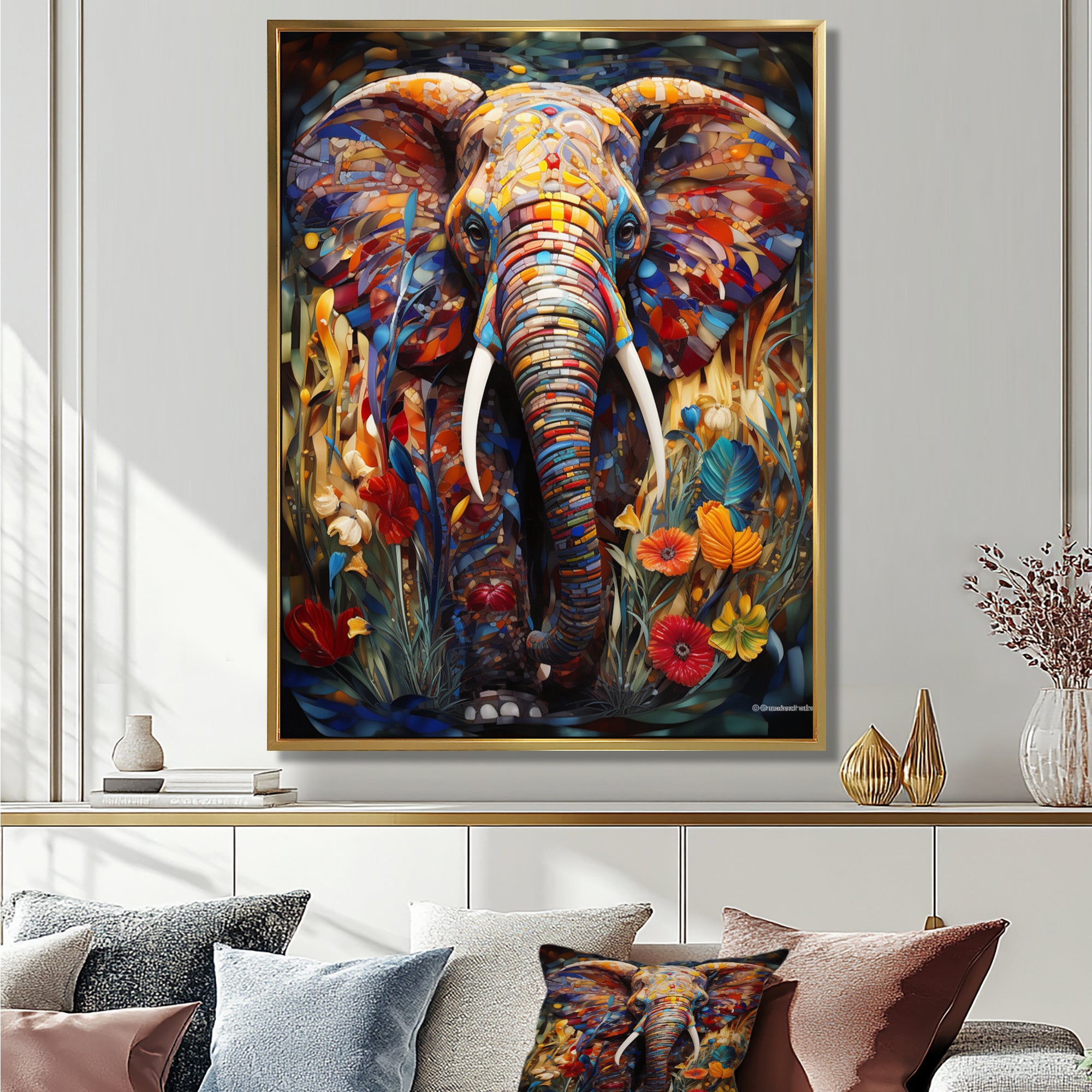 Colorful Elephant With Blooming Flowers - Elephant Fashion Wall Art Prints