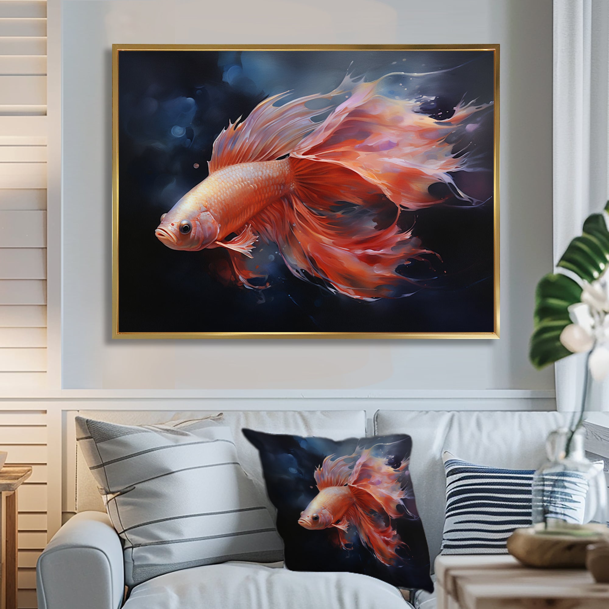 Vibrant Red Betta Fish Majestic Tail - Orange Fish Wall Art
