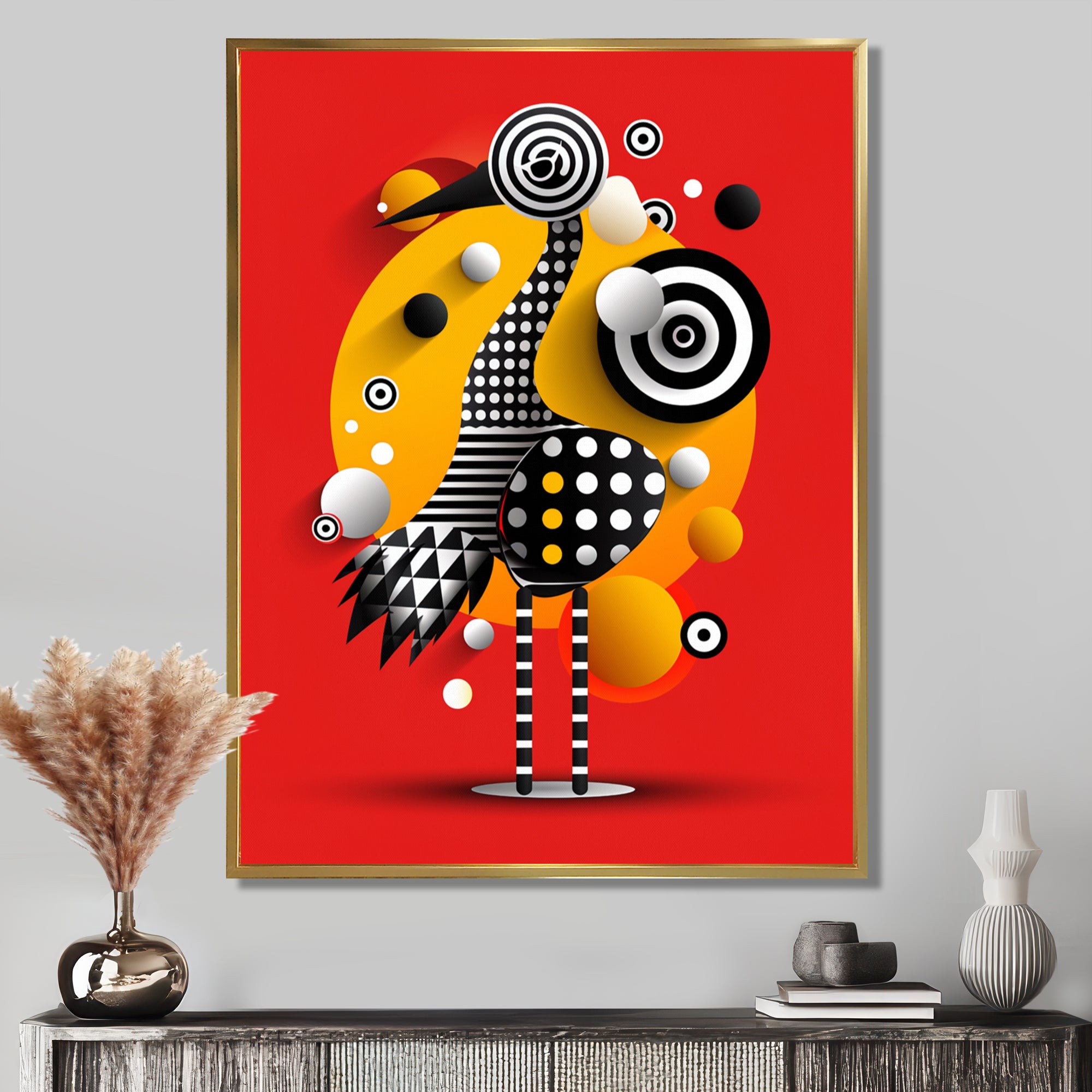 Retro Abstract Flamingo Graphic Geometrics - Flamingo Living Room Wall Art