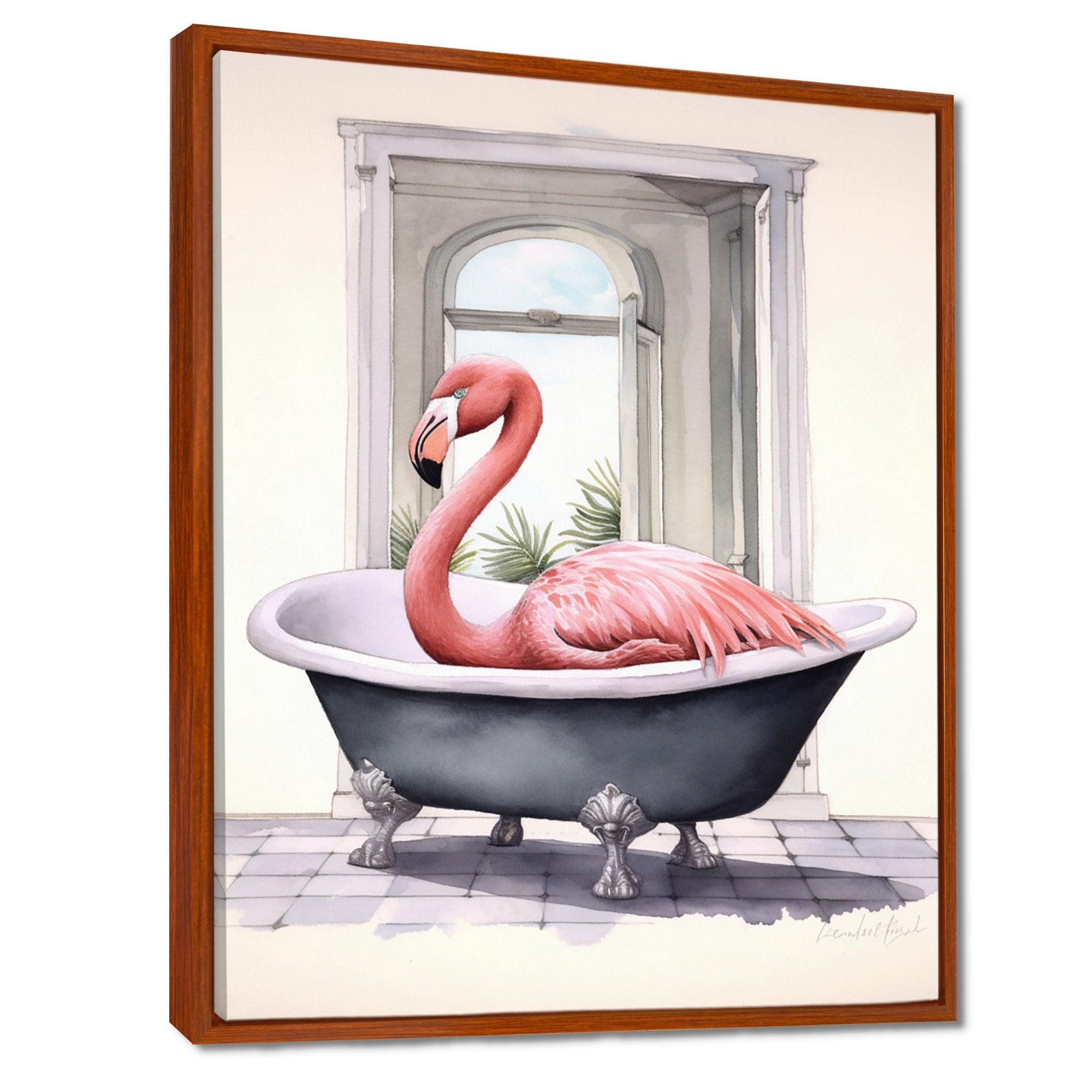 Pink Flamingo In Bathtub - Flamingo Bedroom Wall Art