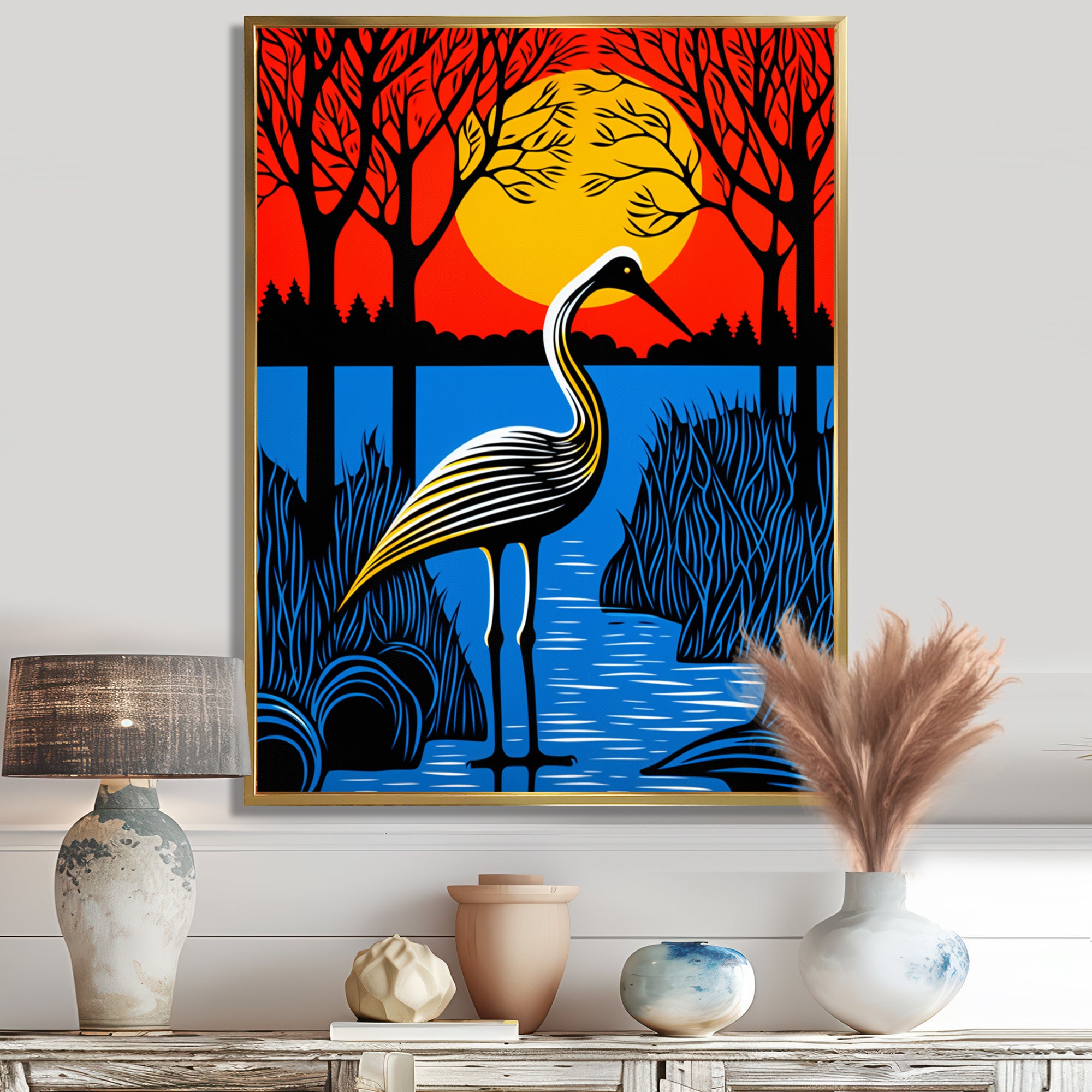 Stork By The Full Moon River - Pelican Canvas Wall Art