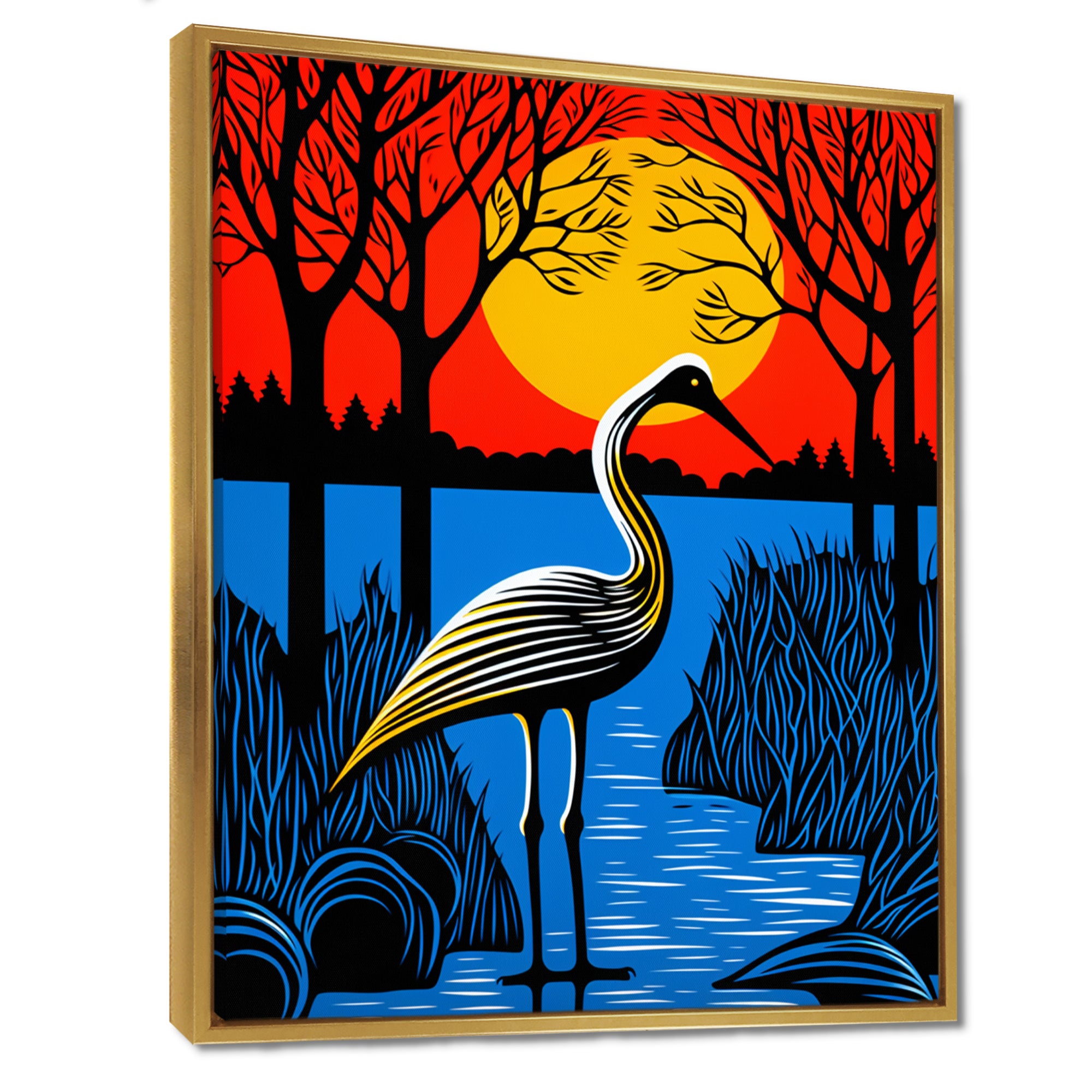Stork By The Full Moon River - Pelican Canvas Wall Art