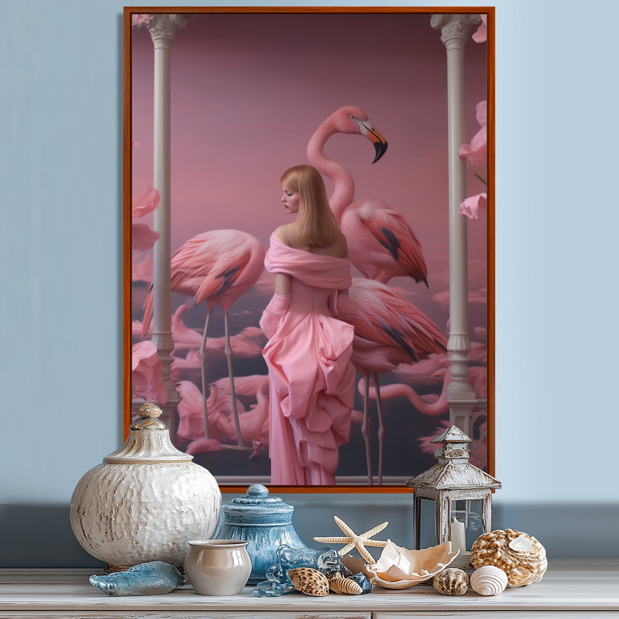 Pink Lady With Pink Flamingos - Flamingo Canvas Wall Art