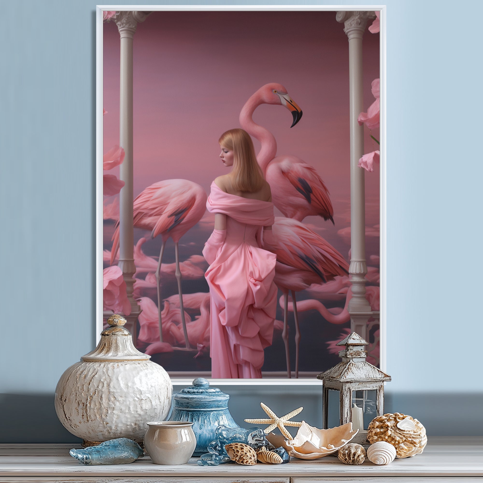 Pink Lady With Pink Flamingos - Flamingo Canvas Wall Art