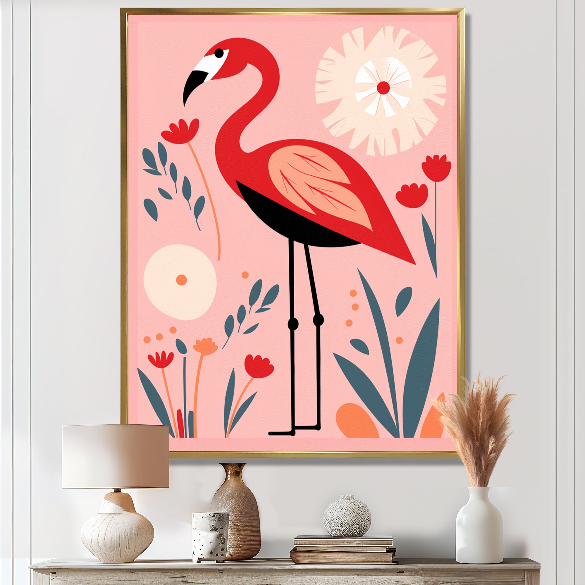Pink Flamingo Retro Illustration - Flamingo Wall Decor