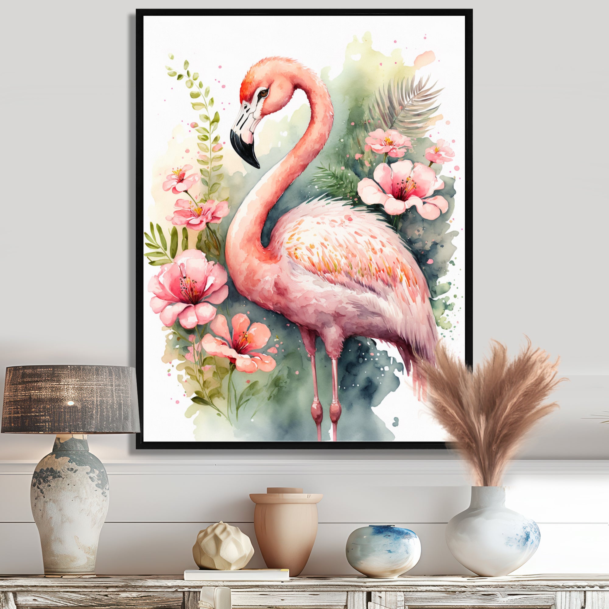 Pink Flamingo Floral Watercolor - Flamingo Wall Art Prints
