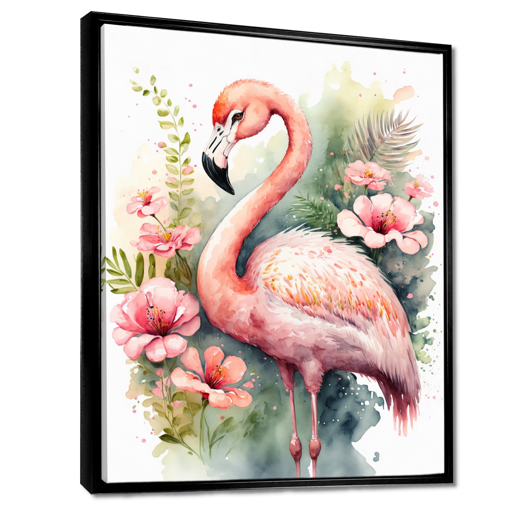 Pink Flamingo Floral Watercolor - Flamingo Wall Art Prints