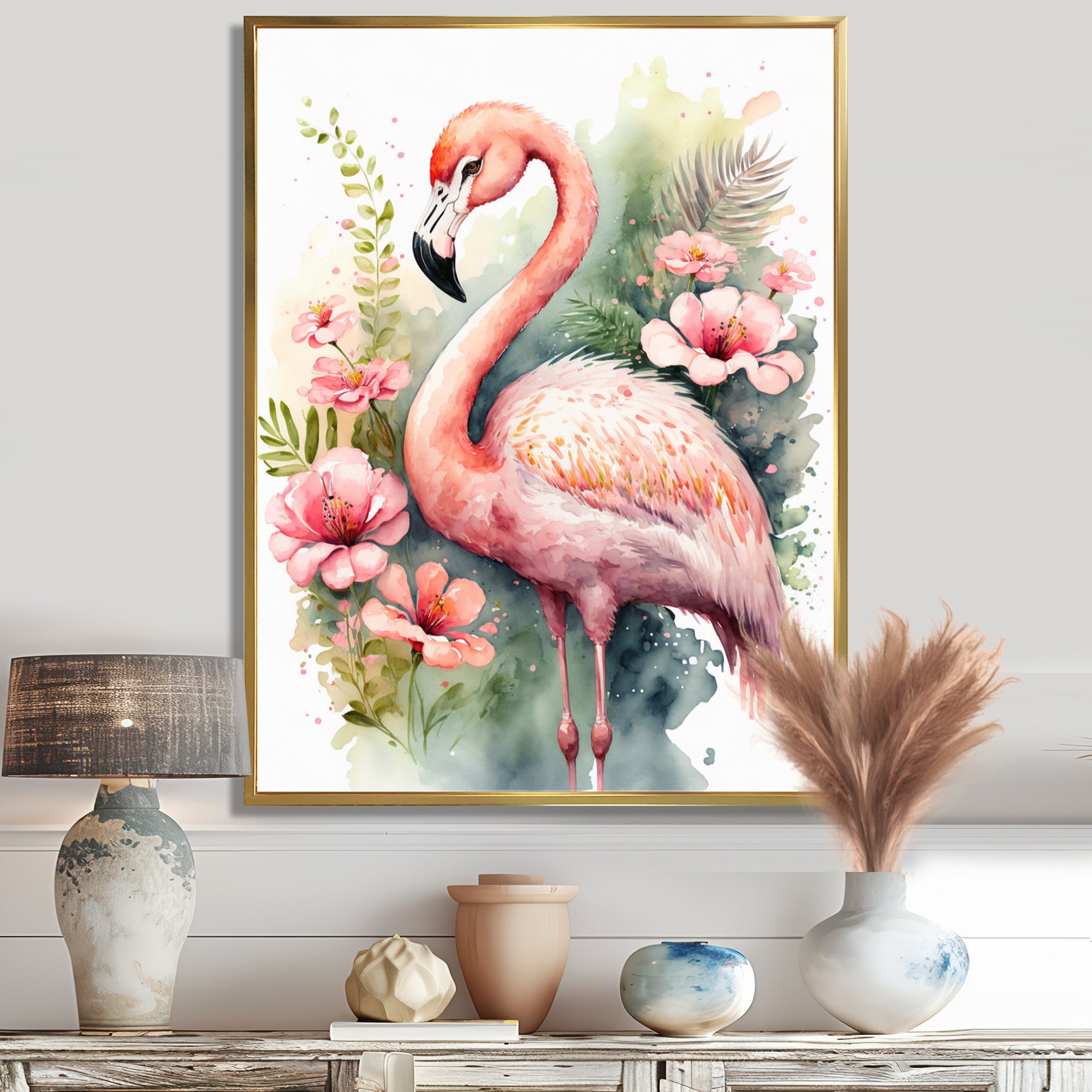 Pink Flamingo Floral Watercolor - Flamingo Wall Art Prints