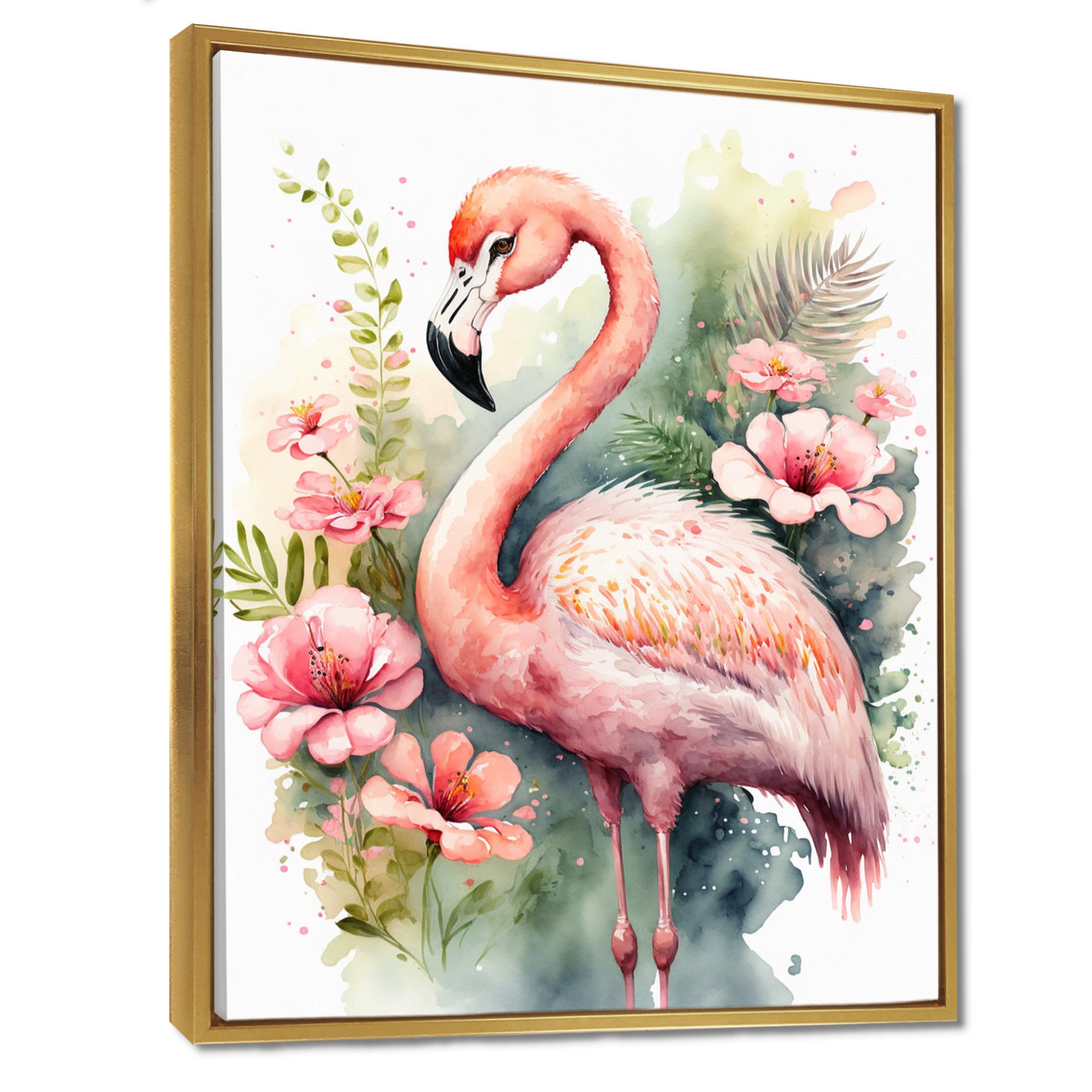 Pink Flamingo Floral Watercolor - Flamingo Wall Art Prints