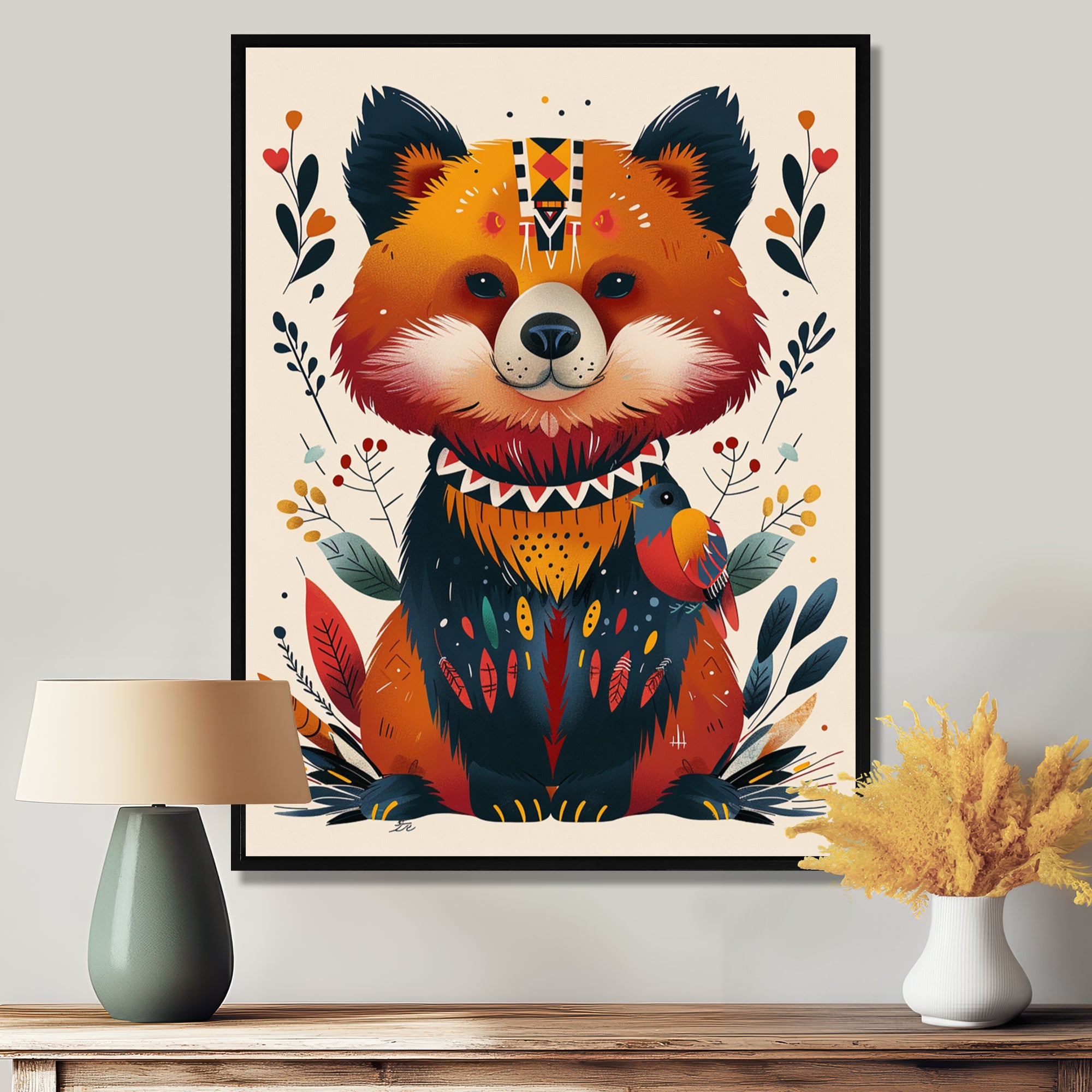 Cute Boho Bear Retro Botanical - Bear Wall Art Prints
