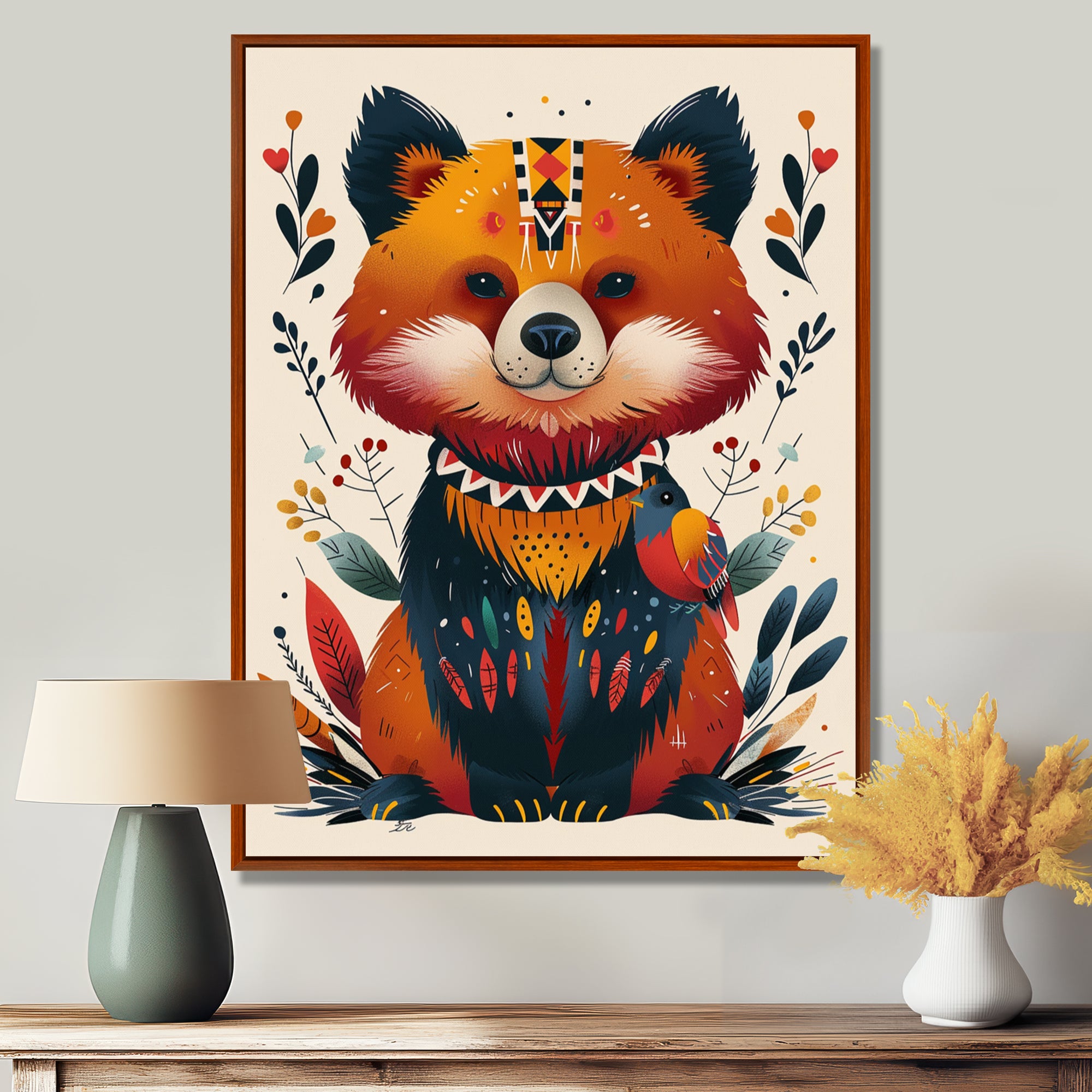 Cute Boho Bear Retro Botanical - Bear Wall Art Prints