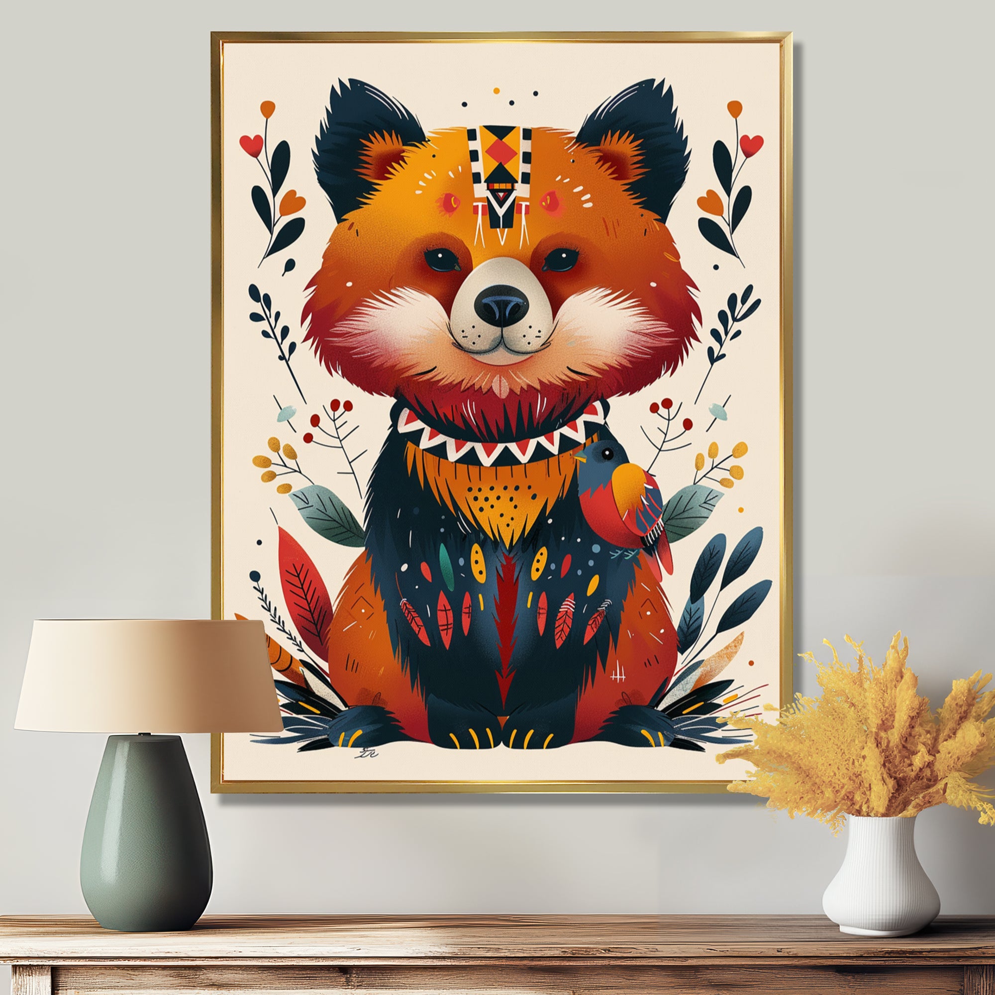 Cute Boho Bear Retro Botanical - Bear Wall Art Prints