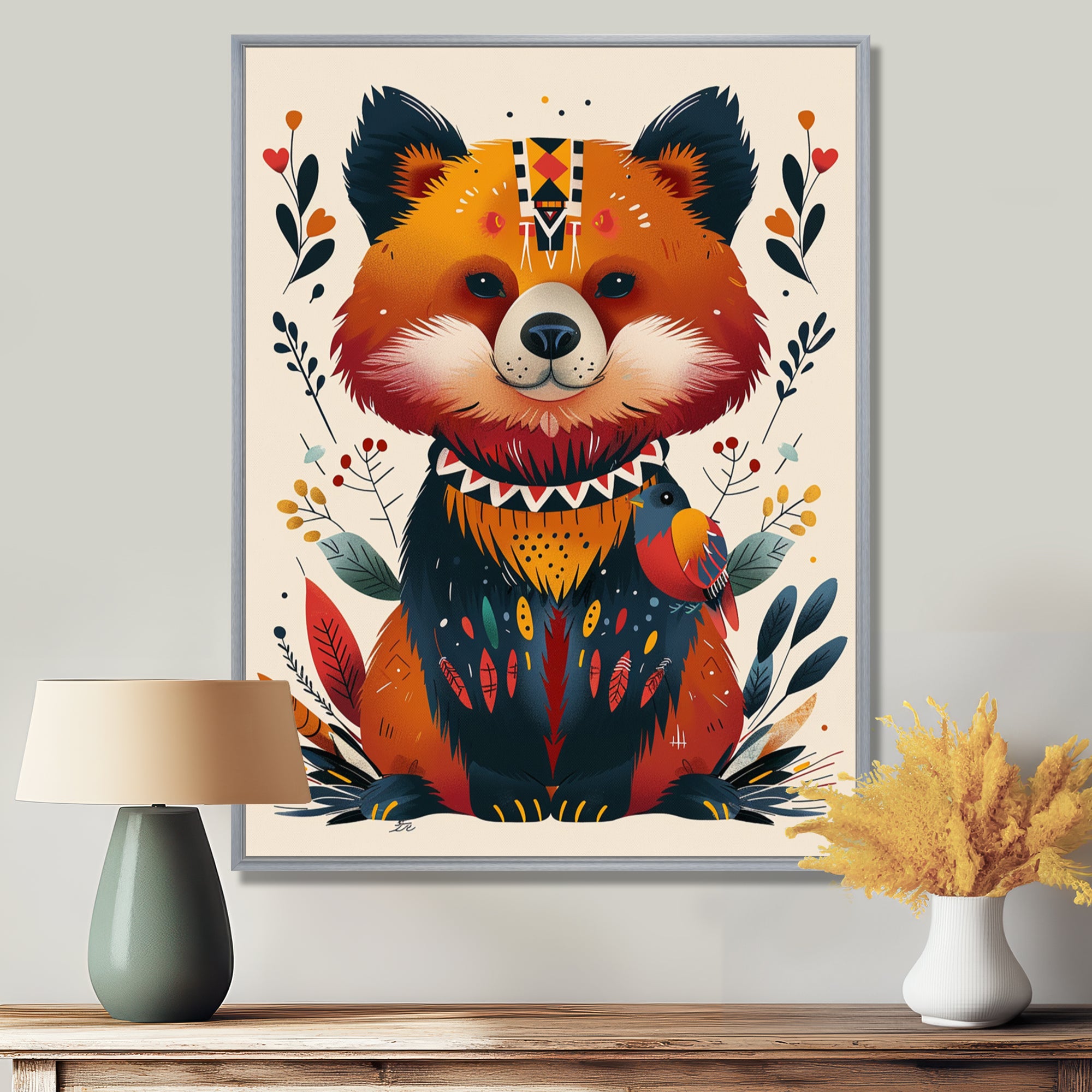 Cute Boho Bear Retro Botanical - Bear Wall Art Prints