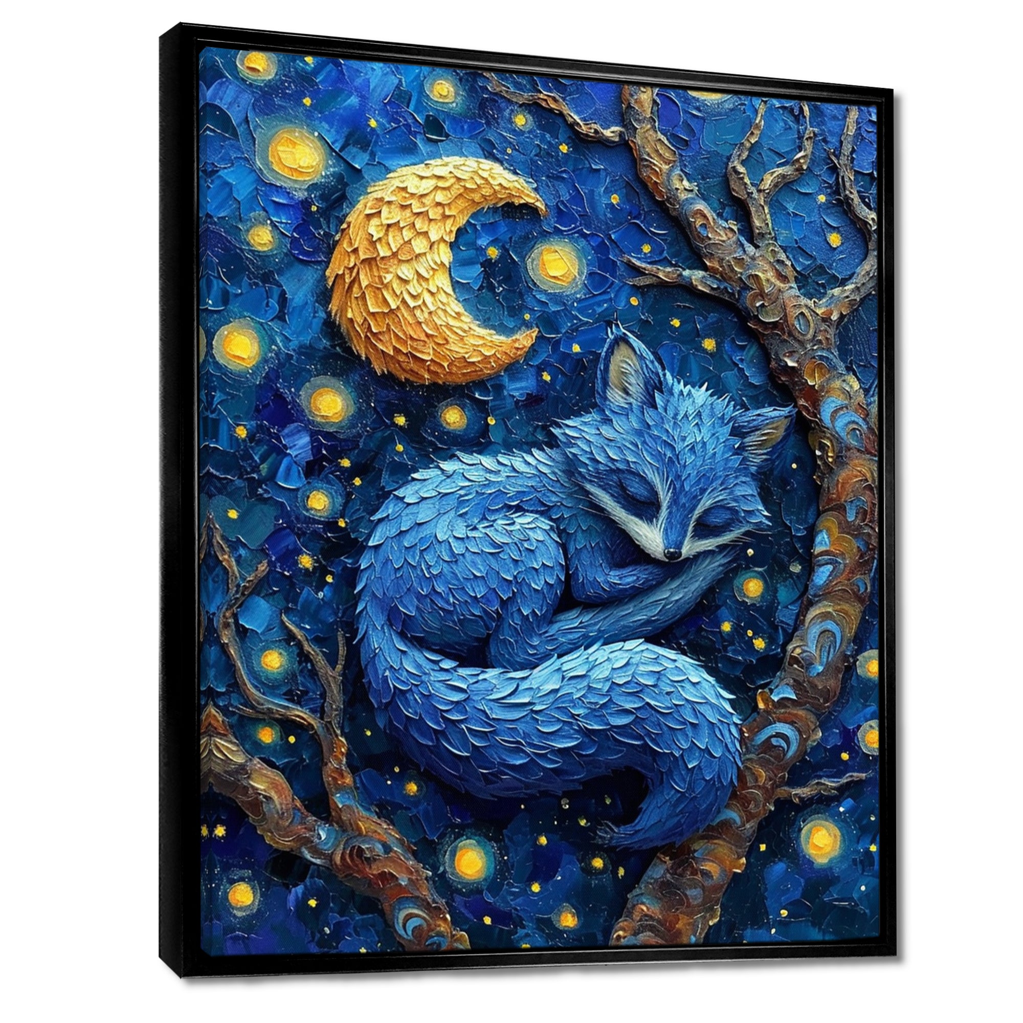 Cute Blue Fox Sleeping Under Full Moon - Blue Fox Wall Art
