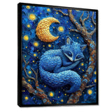 Cute Blue Fox Sleeping Under Full Moon - Blue Fox Wall Art