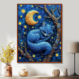 Cute Blue Fox Sleeping Under Full Moon - Blue Fox Wall Art