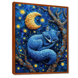 Cute Blue Fox Sleeping Under Full Moon - Blue Fox Wall Art