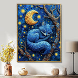 Cute Blue Fox Sleeping Under Full Moon - Blue Fox Wall Art