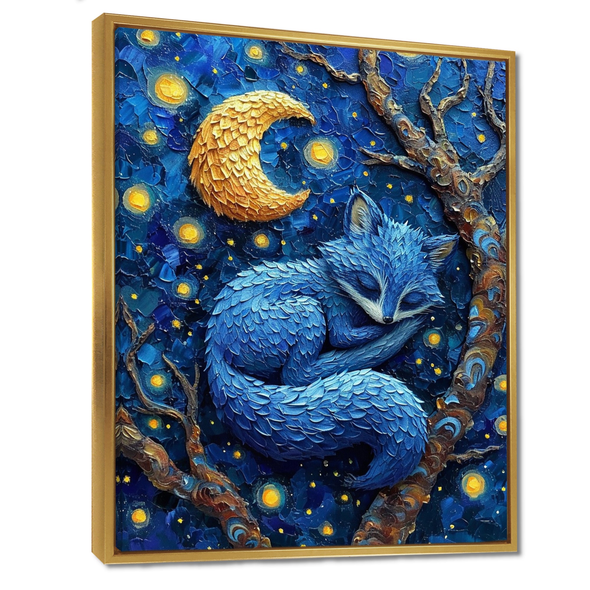 Cute Blue Fox Sleeping Under Full Moon - Blue Fox Wall Art