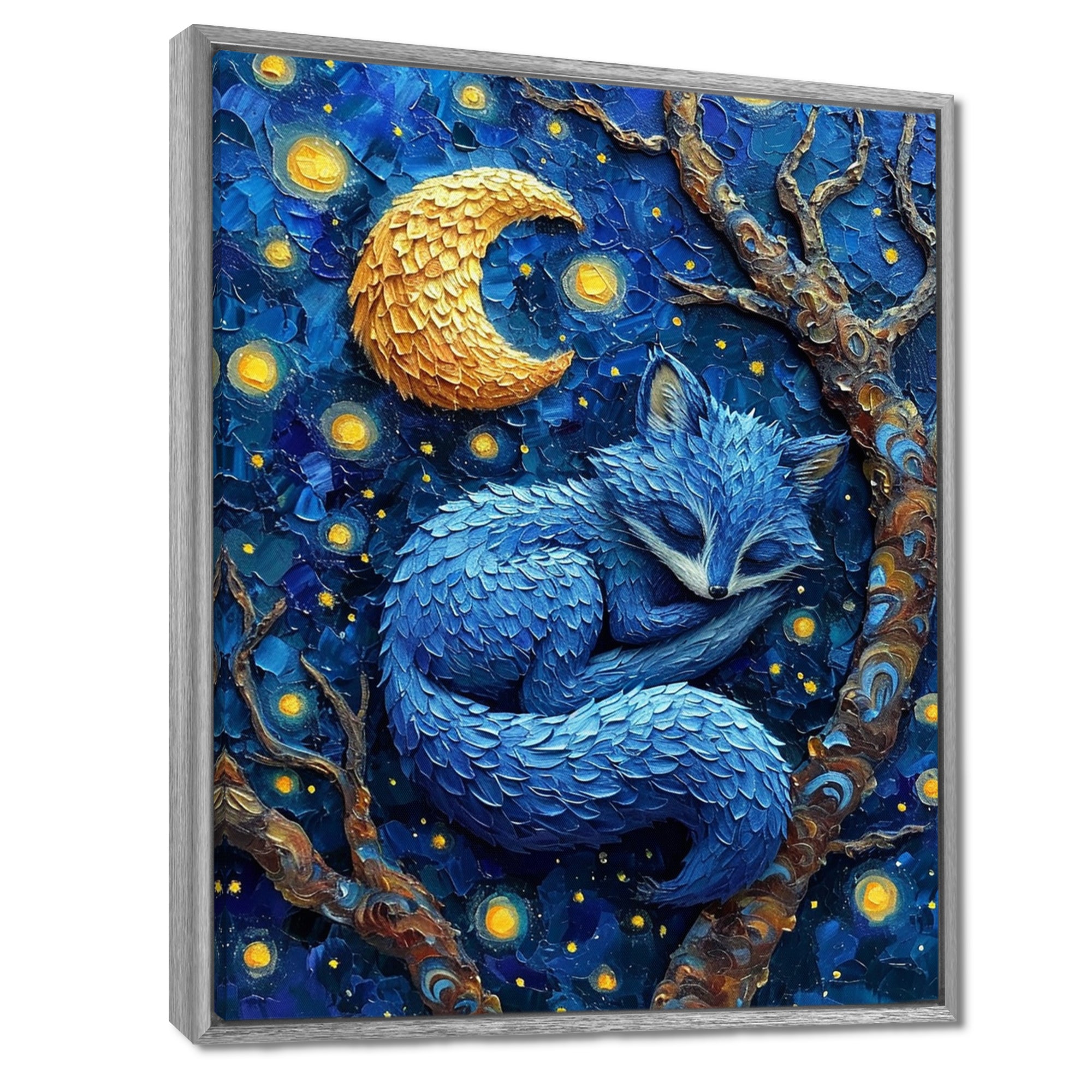 Cute Blue Fox Sleeping Under Full Moon - Blue Fox Wall Art