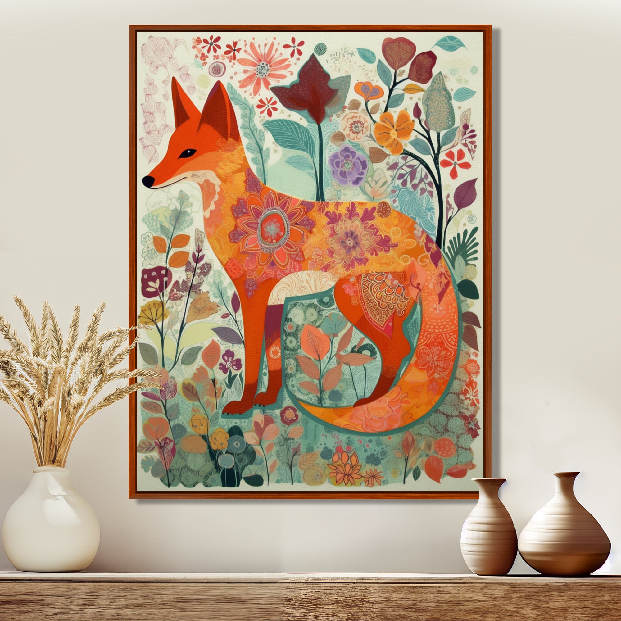 Boho Fox In Flower Forest - Orange Fox Wall Art