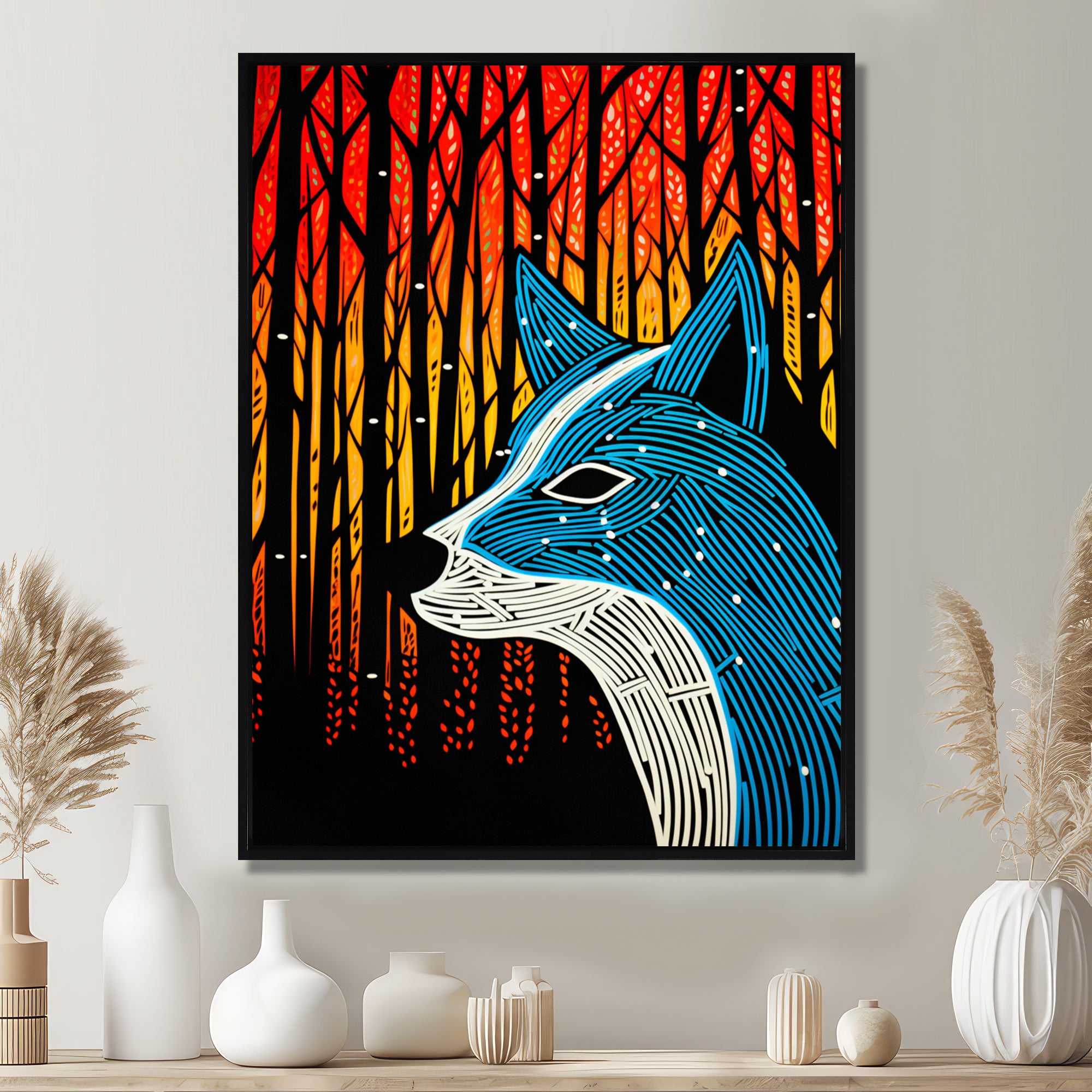 Minimal Fox Hunting In The Forest - Fox Framed Canvas Art