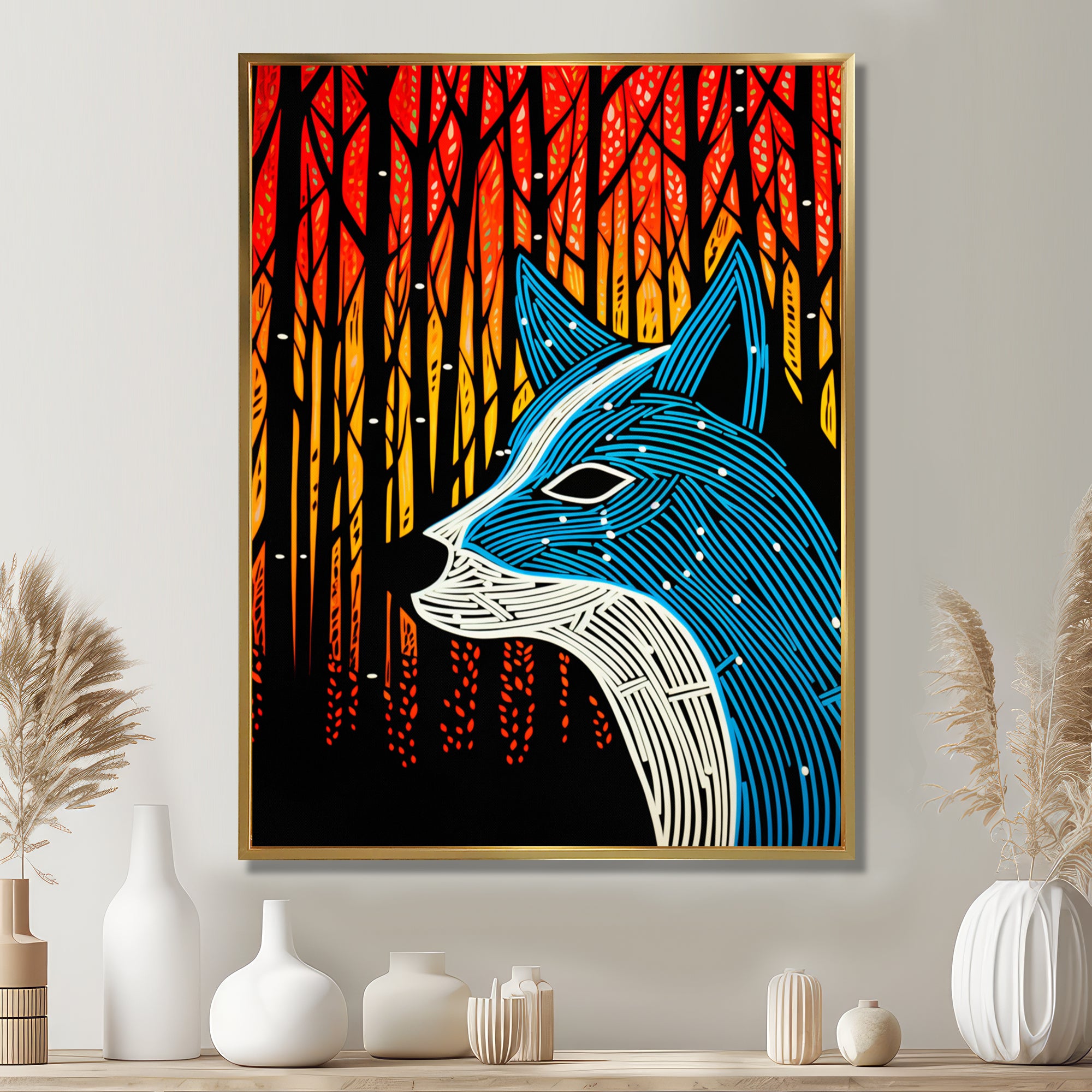 Minimal Fox Hunting In The Forest - Fox Framed Canvas Art