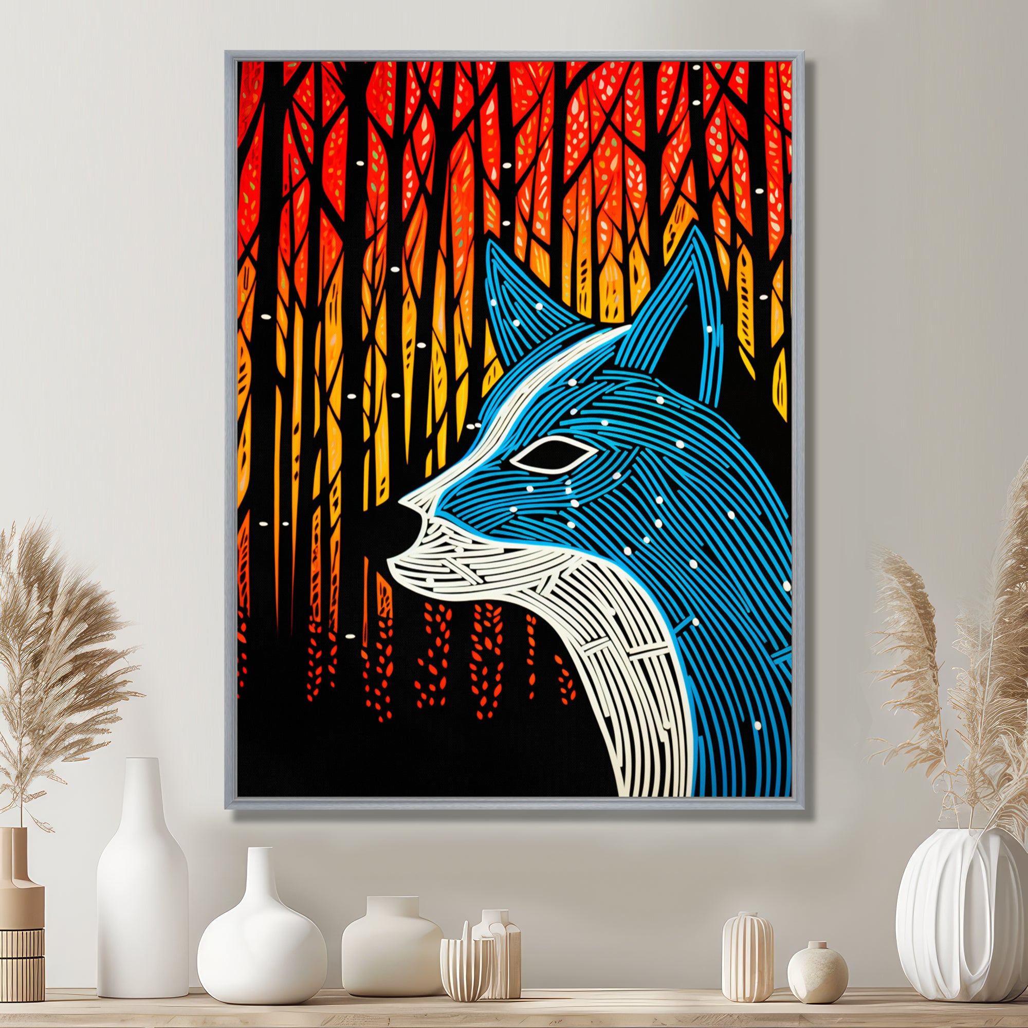 Minimal Fox Hunting In The Forest - Fox Framed Canvas Art