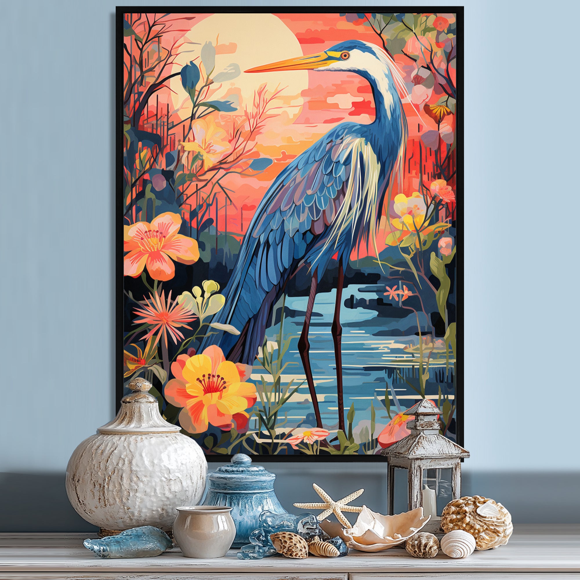 Blue Heron Retro Flower Illustration - Heron Wall Art Prints