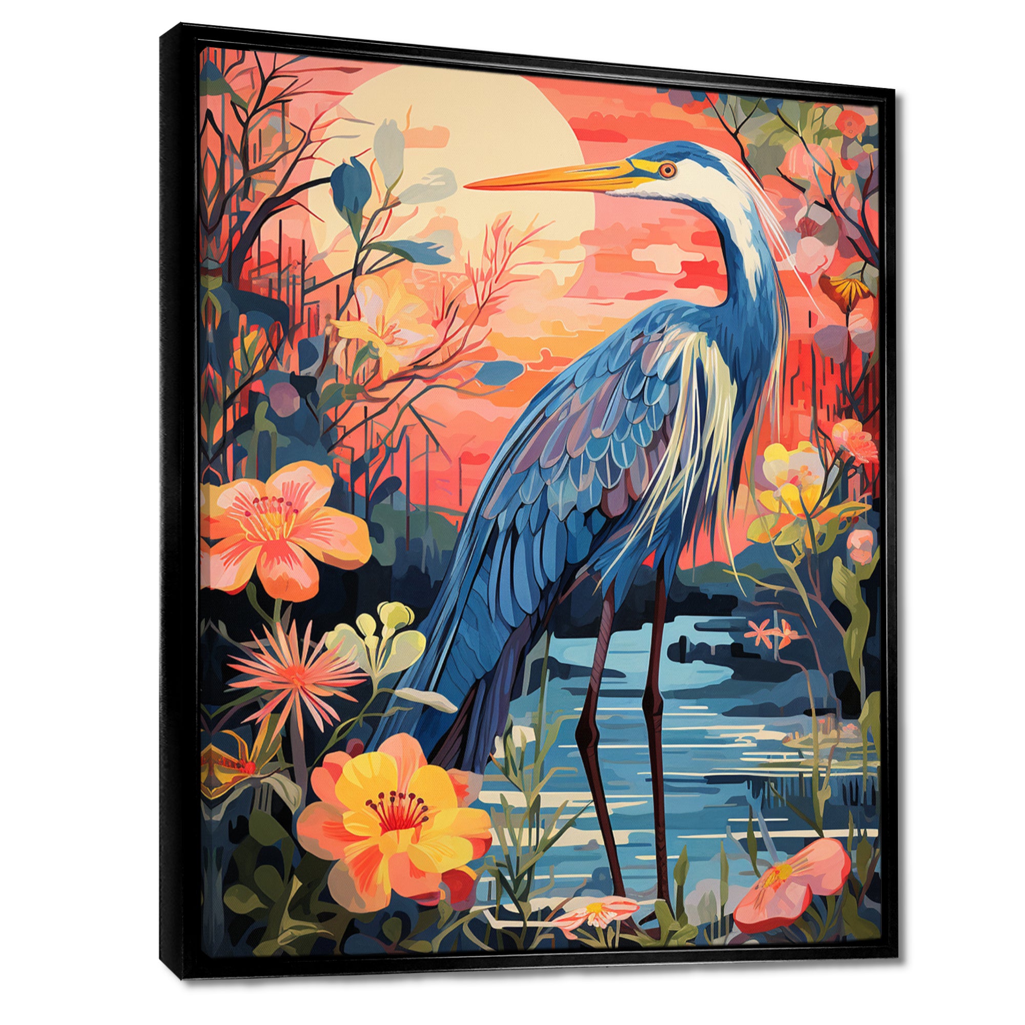 Blue Heron Retro Flower Illustration - Heron Wall Art Prints
