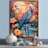 Blue Heron Retro Flower Illustration - Heron Wall Art Prints