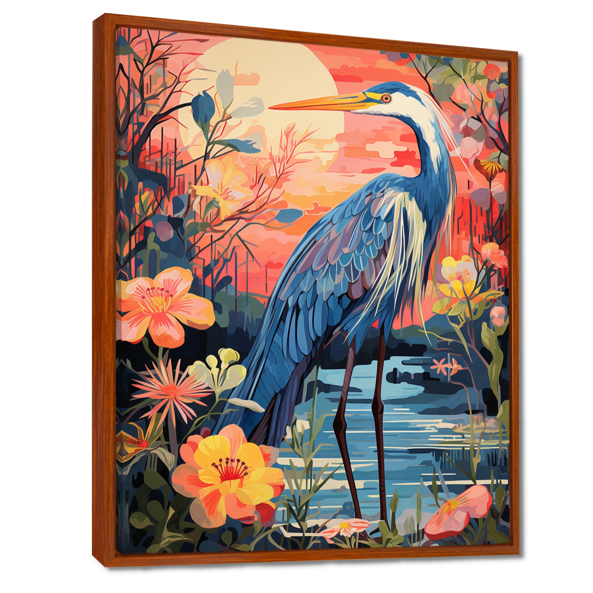 Blue Heron Retro Flower Illustration - Heron Wall Art Prints