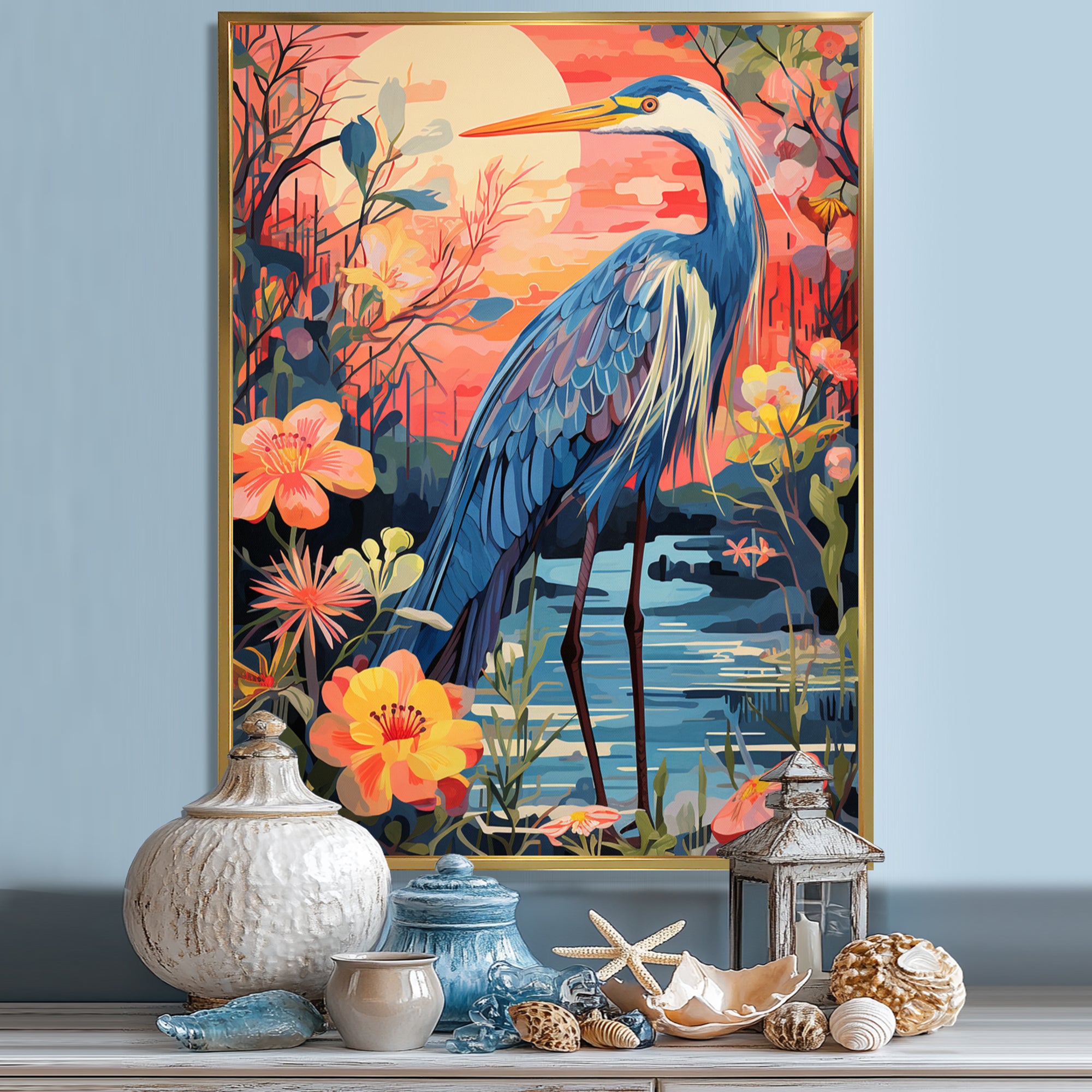 Blue Heron Retro Flower Illustration - Heron Wall Art Prints