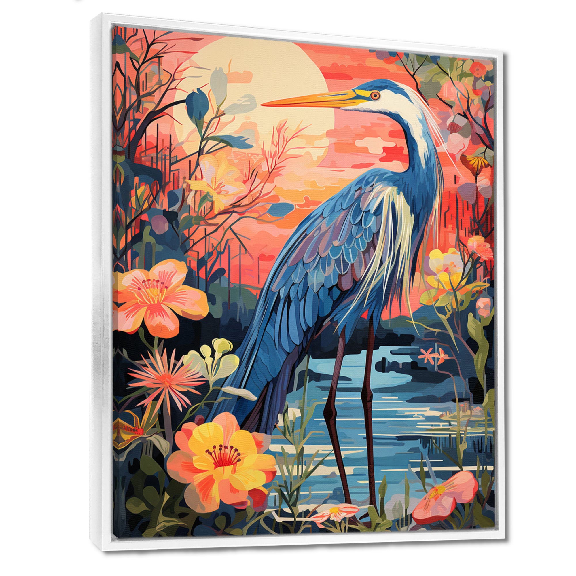 Blue Heron Retro Flower Illustration - Heron Wall Art Prints