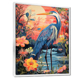 Blue Heron Retro Flower Illustration - Heron Wall Art Prints