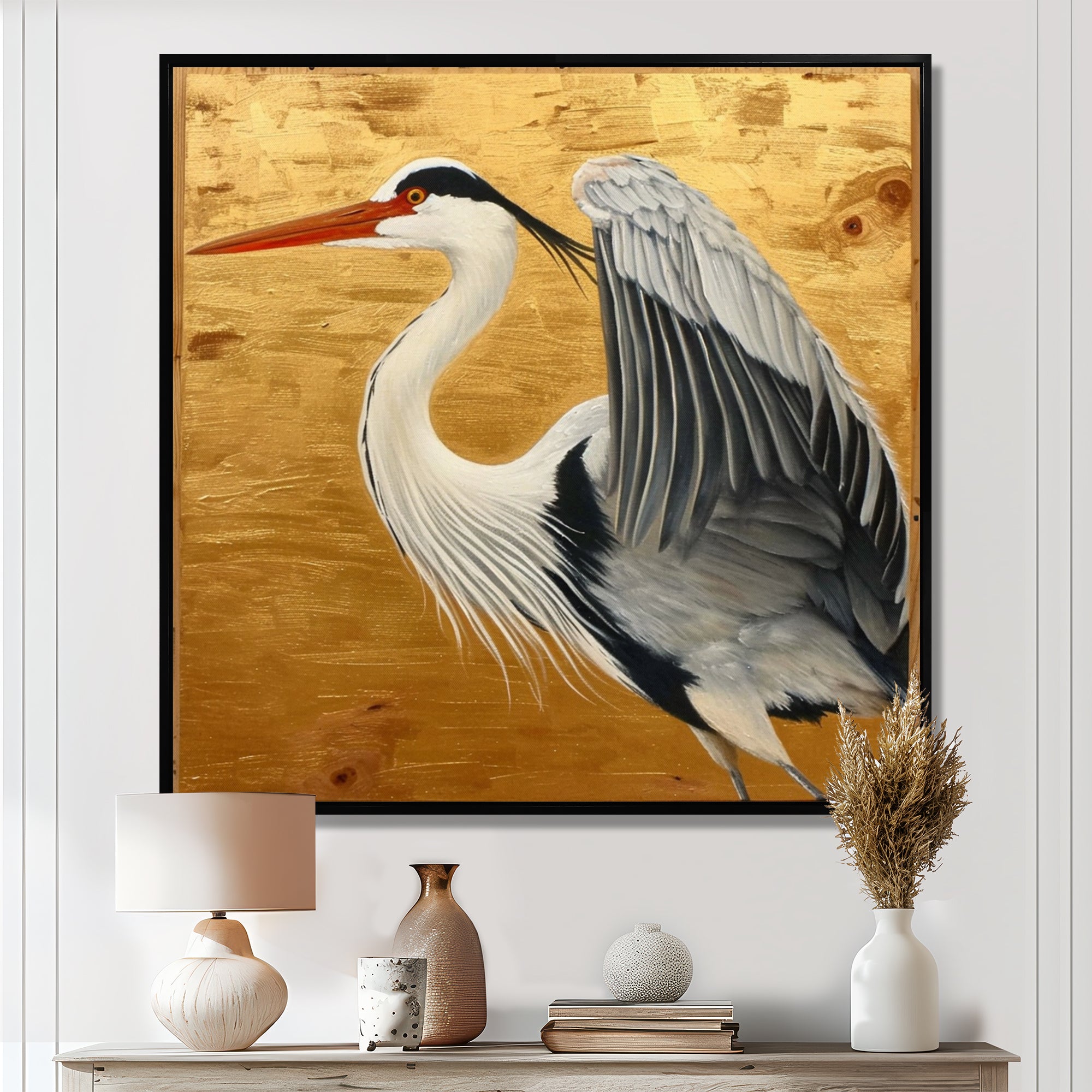 Heron Ready For Liftoff On Gold - White Heron Wall Art