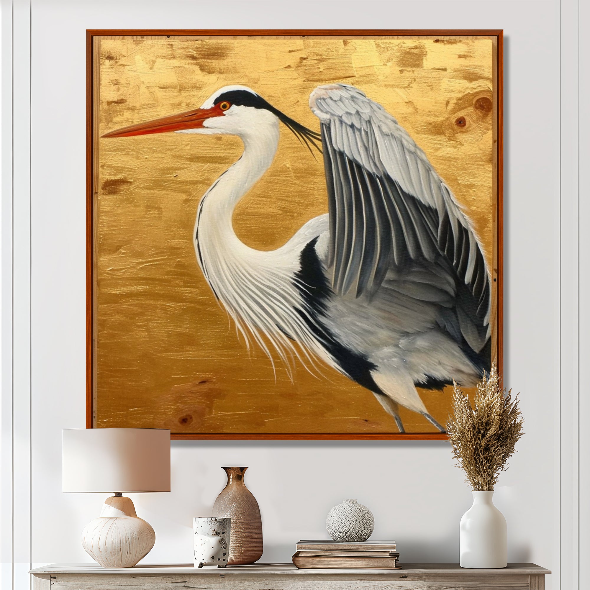 Heron Ready For Liftoff On Gold - White Heron Wall Art