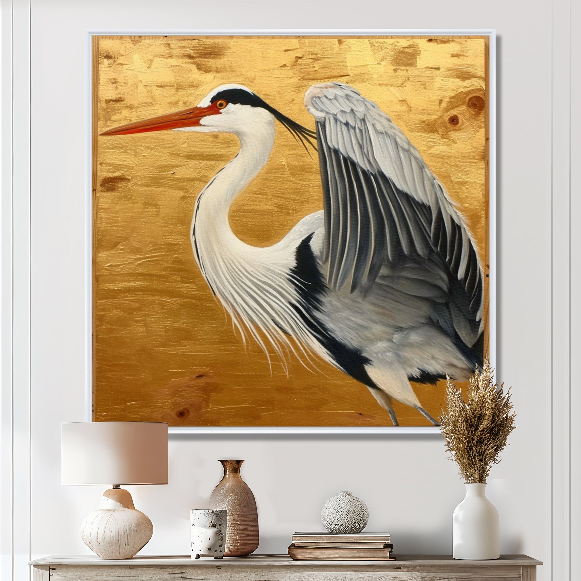 Heron Ready For Liftoff On Gold - White Heron Wall Art