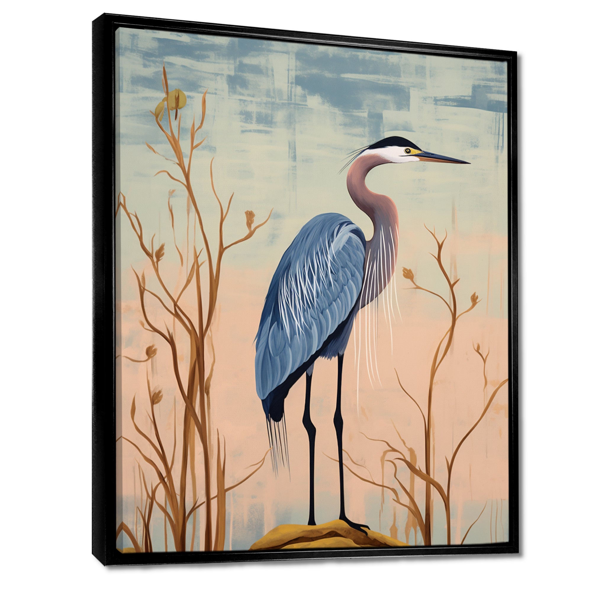 Blue Heron Pink Sky Retro Illustration - Blue Heron Wall Art